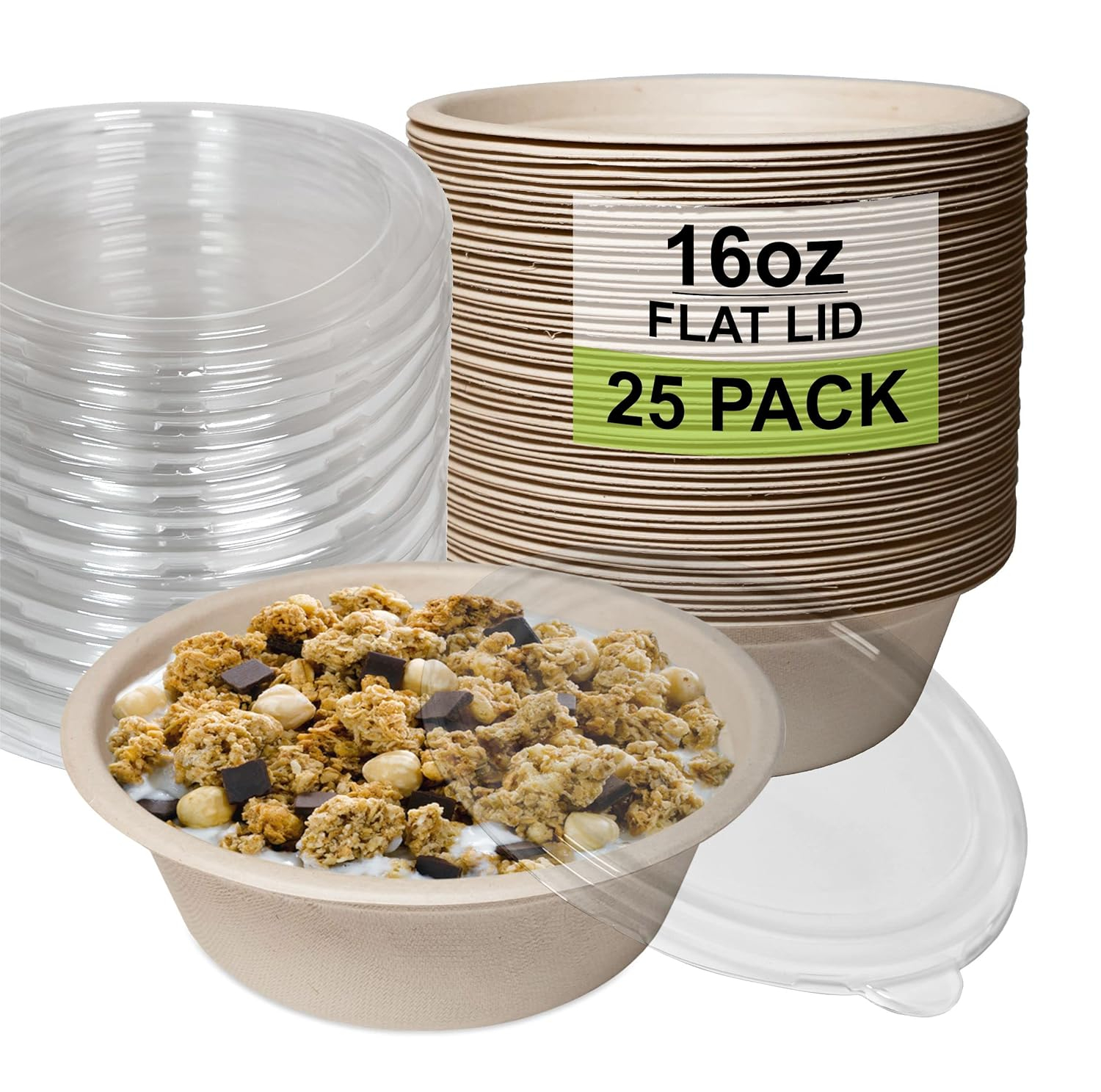 25 Pack 16 oz Compostable Paper Bowls with Lids Heavy-Duty Disposable Bowls, Eco-Friendly Natural Bagasse Unbleached, Hot or Cold Use, 100% Biodegradable Soup Bowls Sugarcane