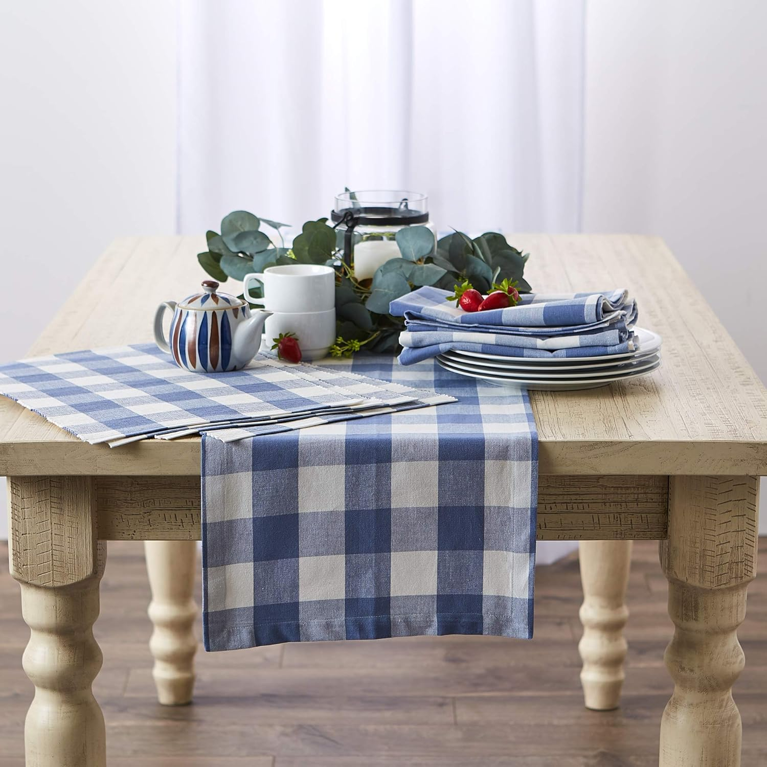 Stonewash Blue Cotton Buffalo Check Table Runner, 14x72