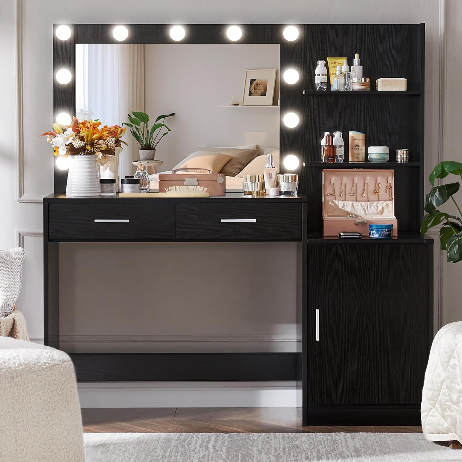 46.7" Vanity Desk with Mirror & LED Lights, Dressing Table with 2 Large Drawers & Vertical Organizer, 3-Tier Storage, 3 Adjustable Lighting Modes, Makeup Desk for Bedroom