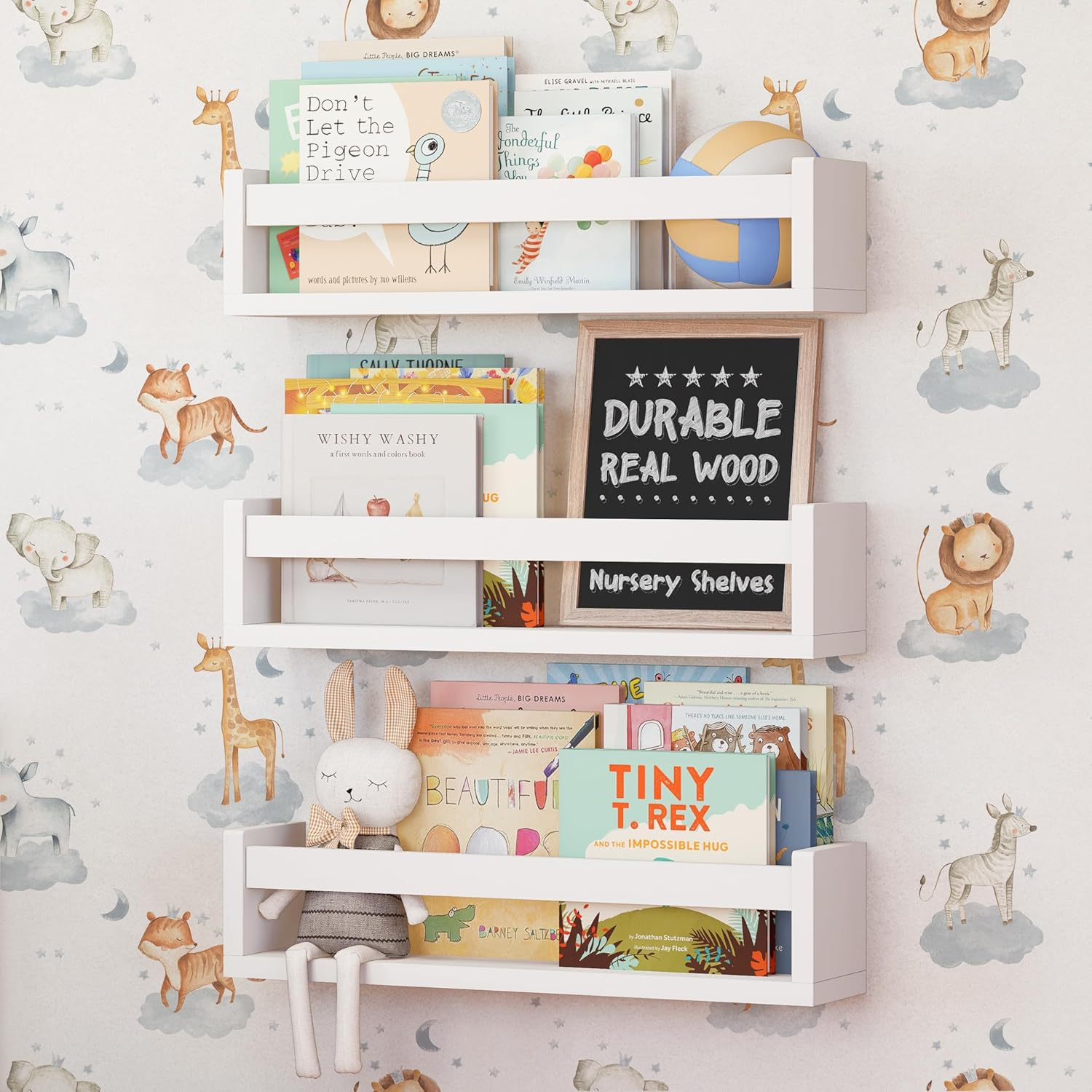 Nature Supplies Set of 3 White Nursery Room Shelves. Floating Bookshelf Classic White