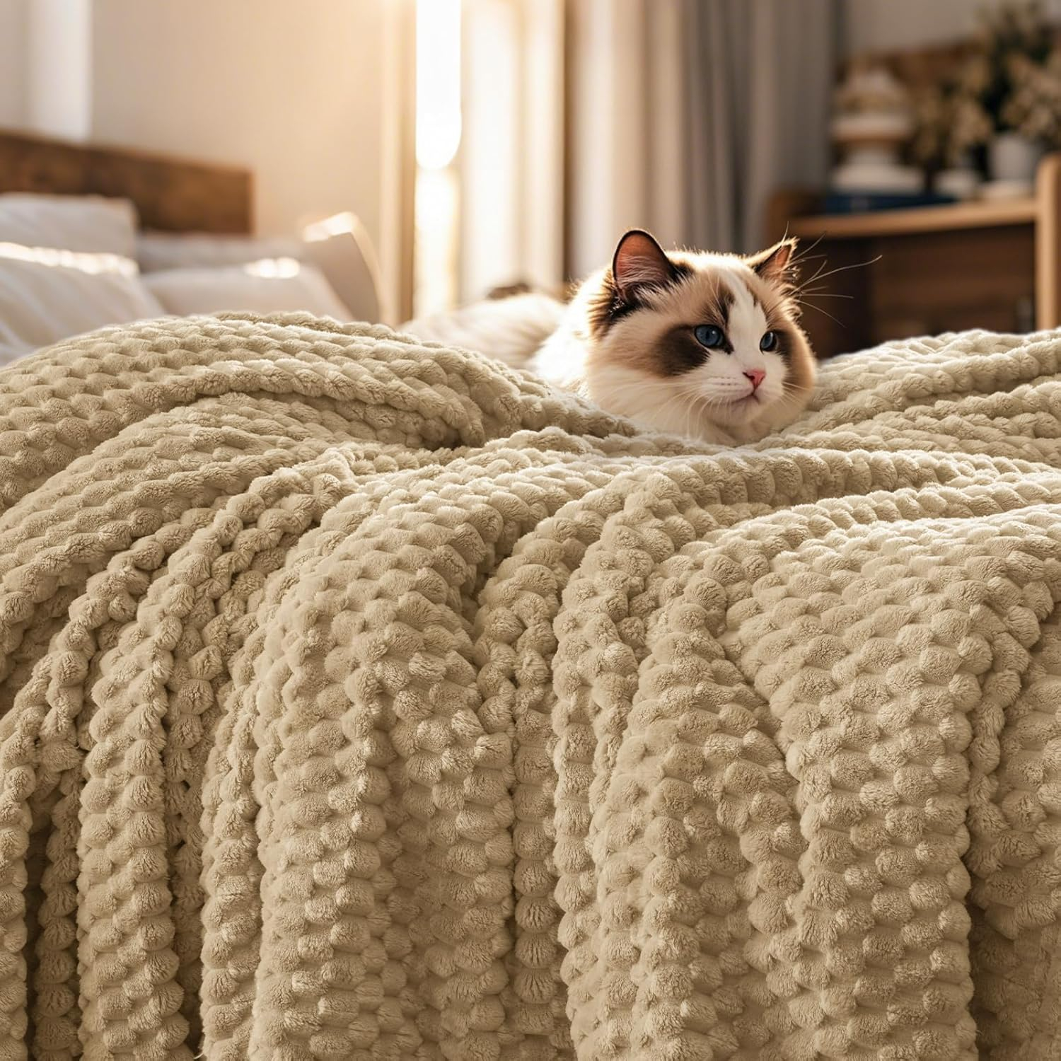 PHF Ultra Soft Flannel Fleece Blanket King Size, Lightweight 3D Jacquard Fleece Blanket, No Shedding, No Pilling, Luxury 340GSM Aesthetic Fluffy Cozy for Bed Room Decor, 108"x90", Camel/Light Khaki