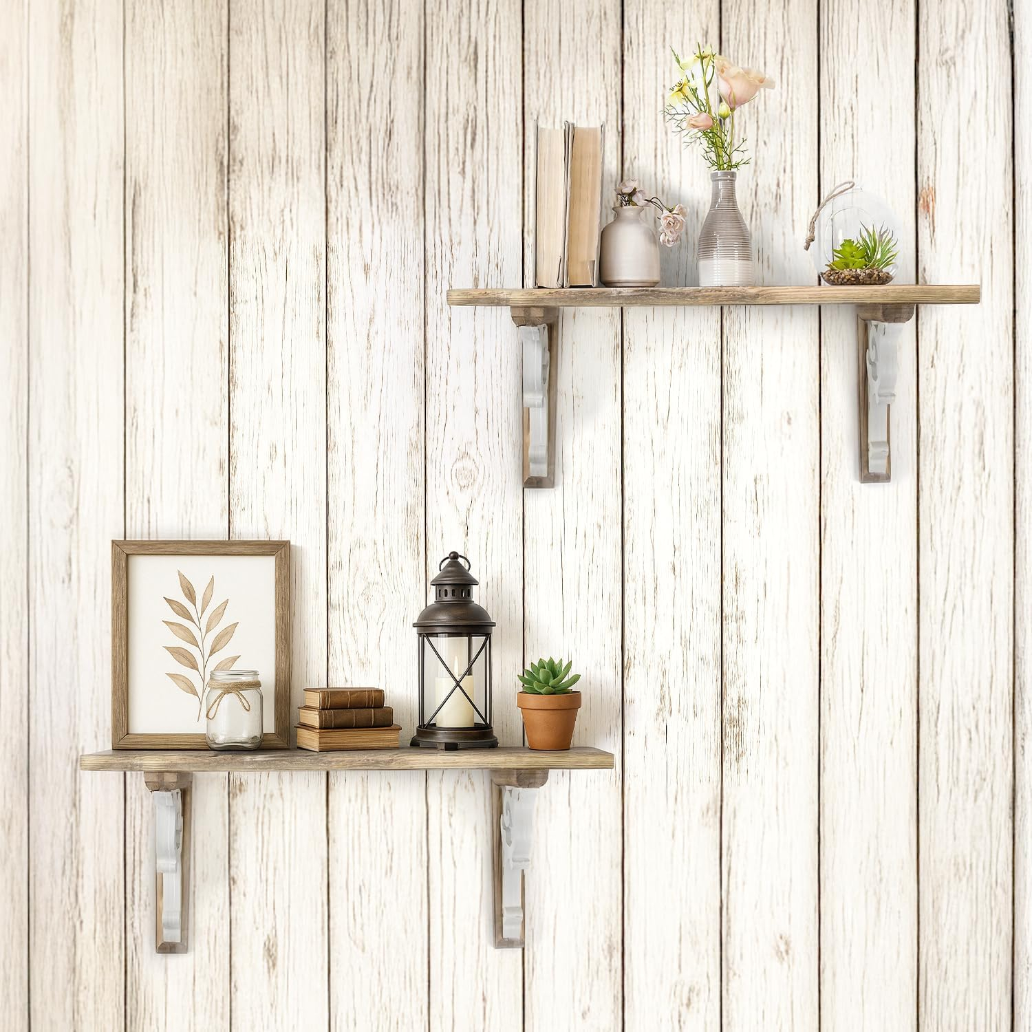 American Art Decor Set of 2 Corbel Shelf Brackets - Vintage Decorative Shelving & Storage - Rustic Farmhouse Decor for Living Room, Bedroom, Kitchen, Office & More (Brown & White, 12”x2 x7.75”)