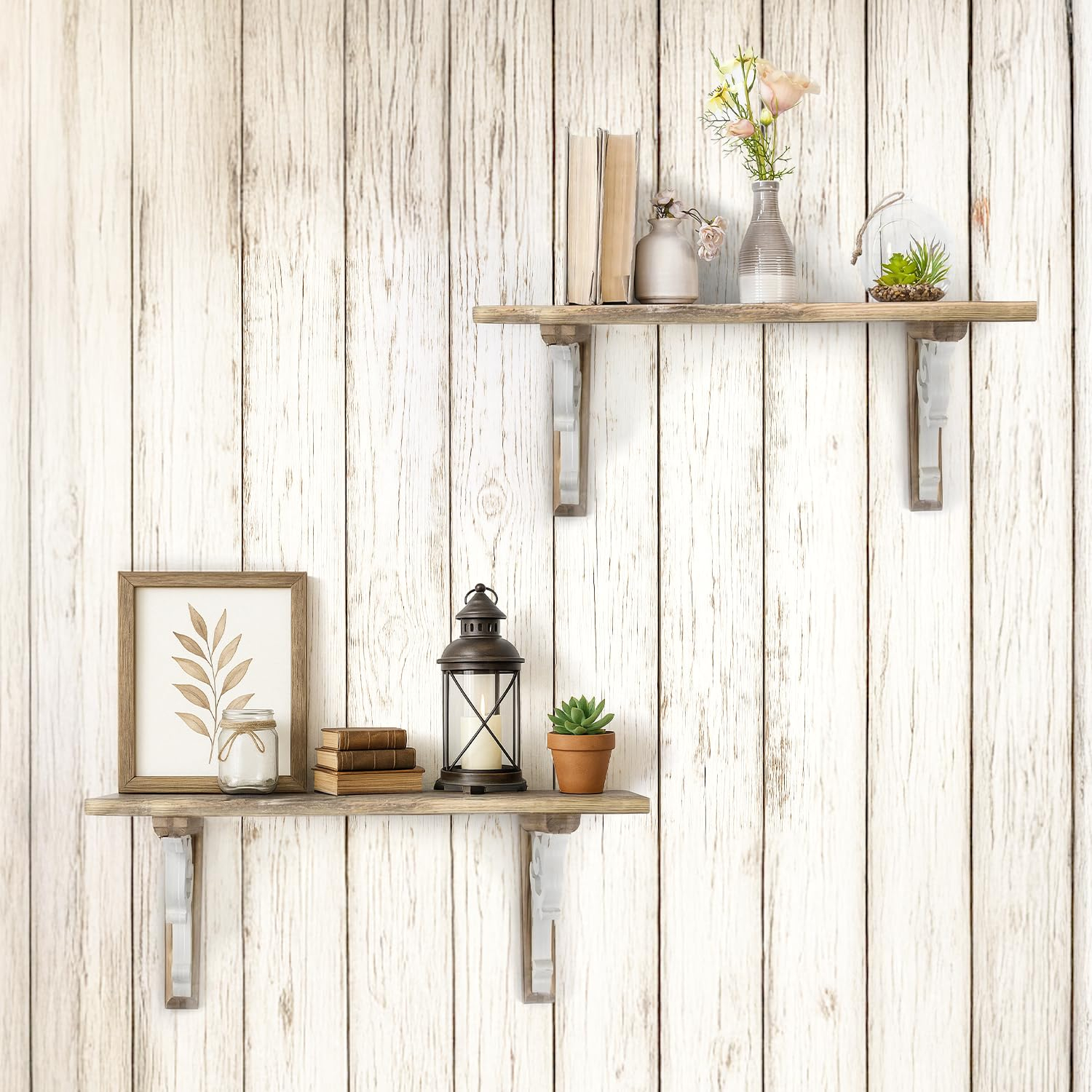 American Art Decor Set of 2 Corbel Shelf Brackets - Vintage Decorative Shelving & Storage - Rustic Farmhouse Decor for Living Room, Bedroom, Kitchen, Office & More (Brown & White, 12”x2 x7.75”)