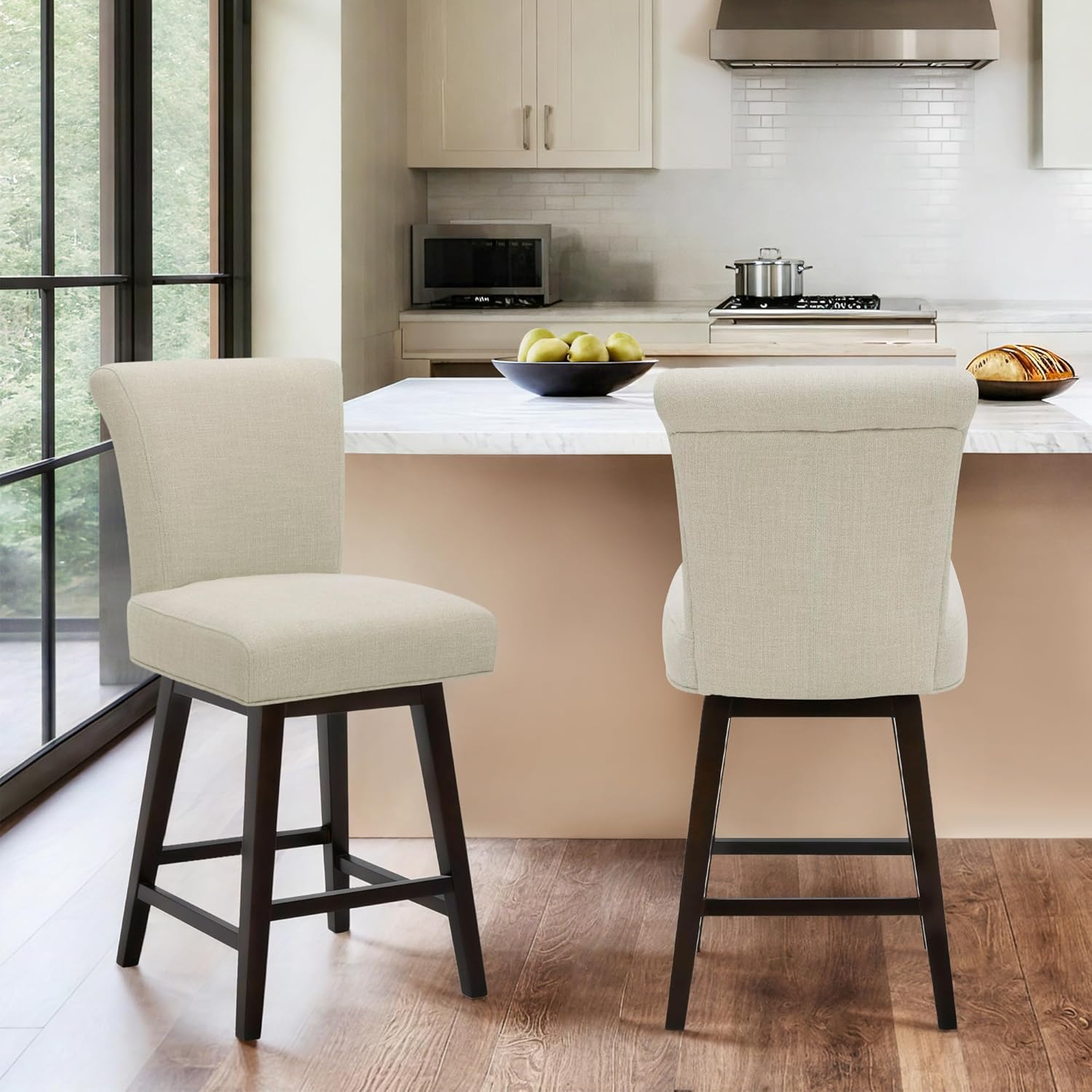 CHITA 26 Inch Counter Height Swivel Bar Stools Set of 2, FSC Certified Modern Upholstered Swivel Barstool Chairs with Back, Fabric in Linen
