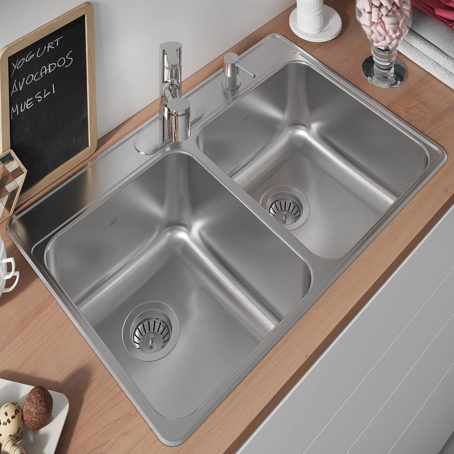Kindred Creemore 33-in LR x 22-in FB x 8-in DP Drop In Double Bowl 4-Hole Stainless Steel Kitchen Sink, CDLA3322-8-4CBN