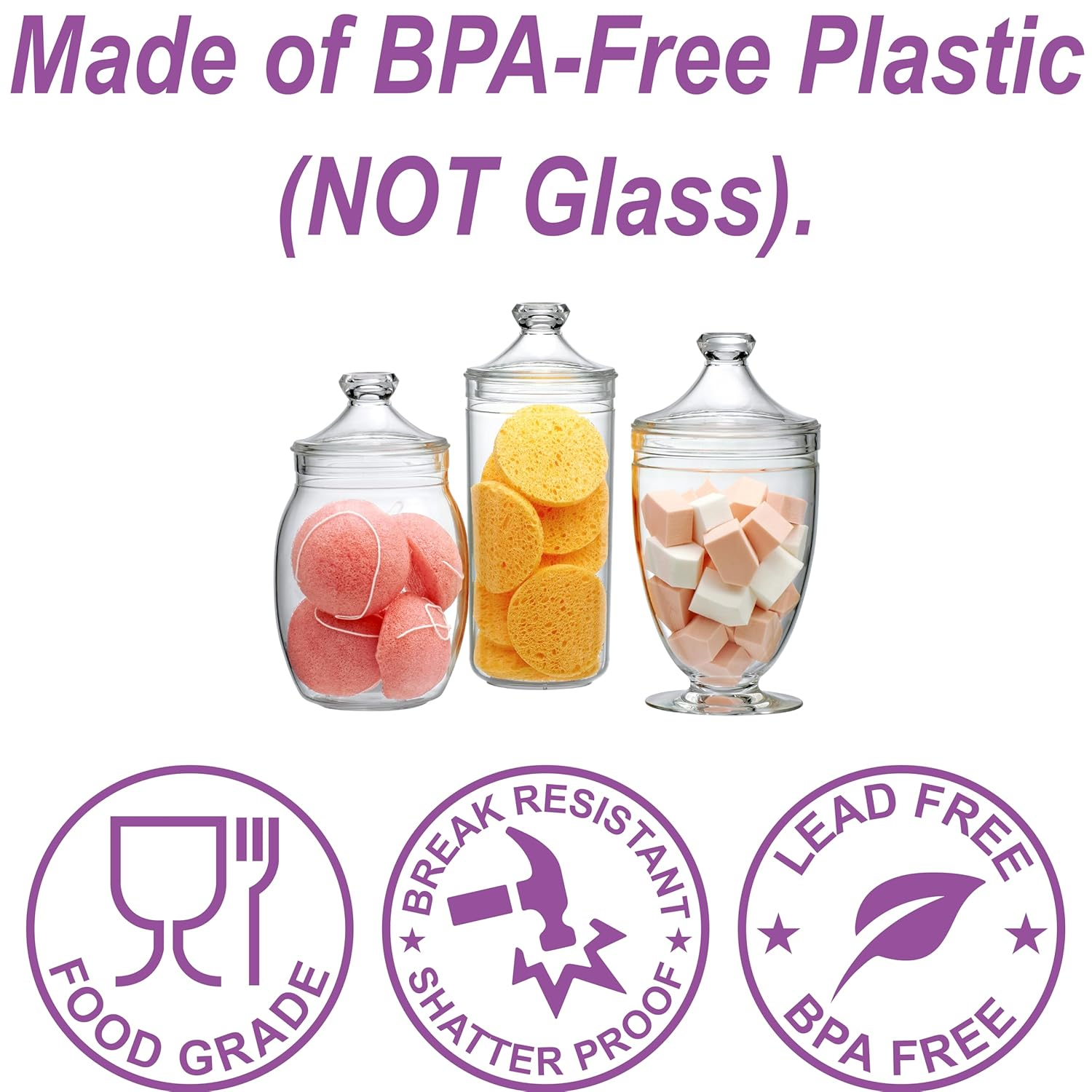 Amazing Abby - Adore - Plastic Apothecary Jars (3-Piece Set, 52/46/46 oz), Acrylic Jars with Lids, Bathroom Canisters, Candy Buffet, Wedding Display, BPA-Free and Shatter-Proof (NOT Glass)