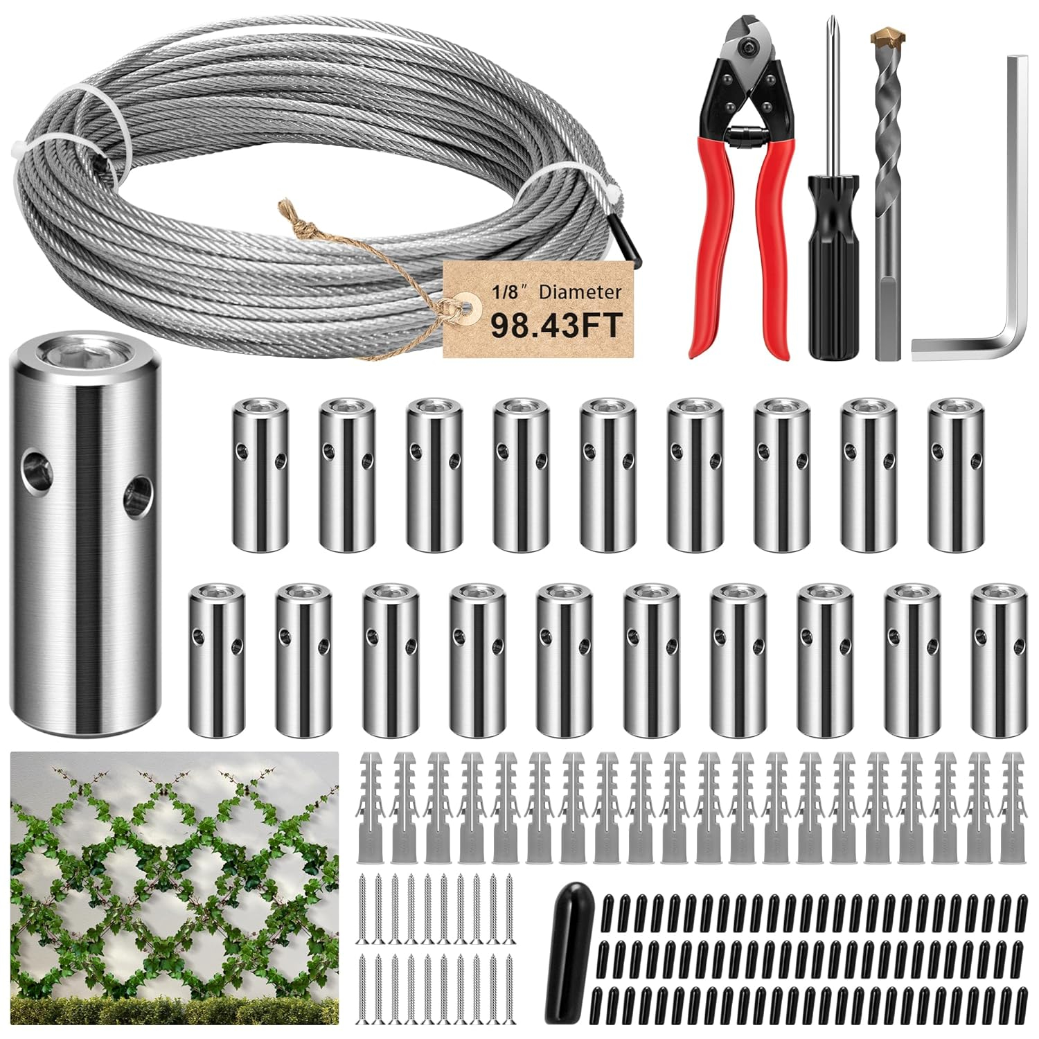 VIVOSUN Wire Trellis Kit with 20 Set Holders and 98.4ft Wire Rope, 316 Stainless Steel Espalier Cable Trellis Kit for Climbing Plants, Vines and Green Wall