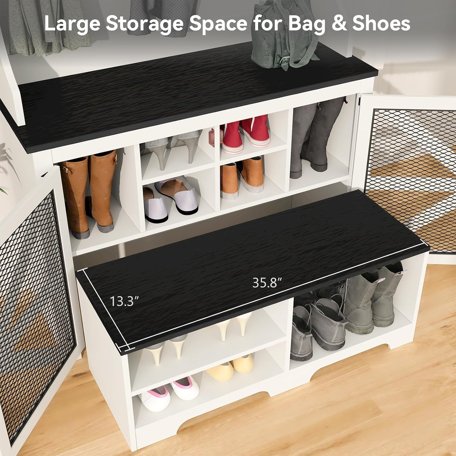 Hall Tree with Removable Bench and Shoe Storage, 77" H Entryway Coat Rack Freestanding with 9 Shoe Cubbies and 7 Coat Hooks, Farmhouse Wooden Style Mudroom Bench Storage Cabinet, White
