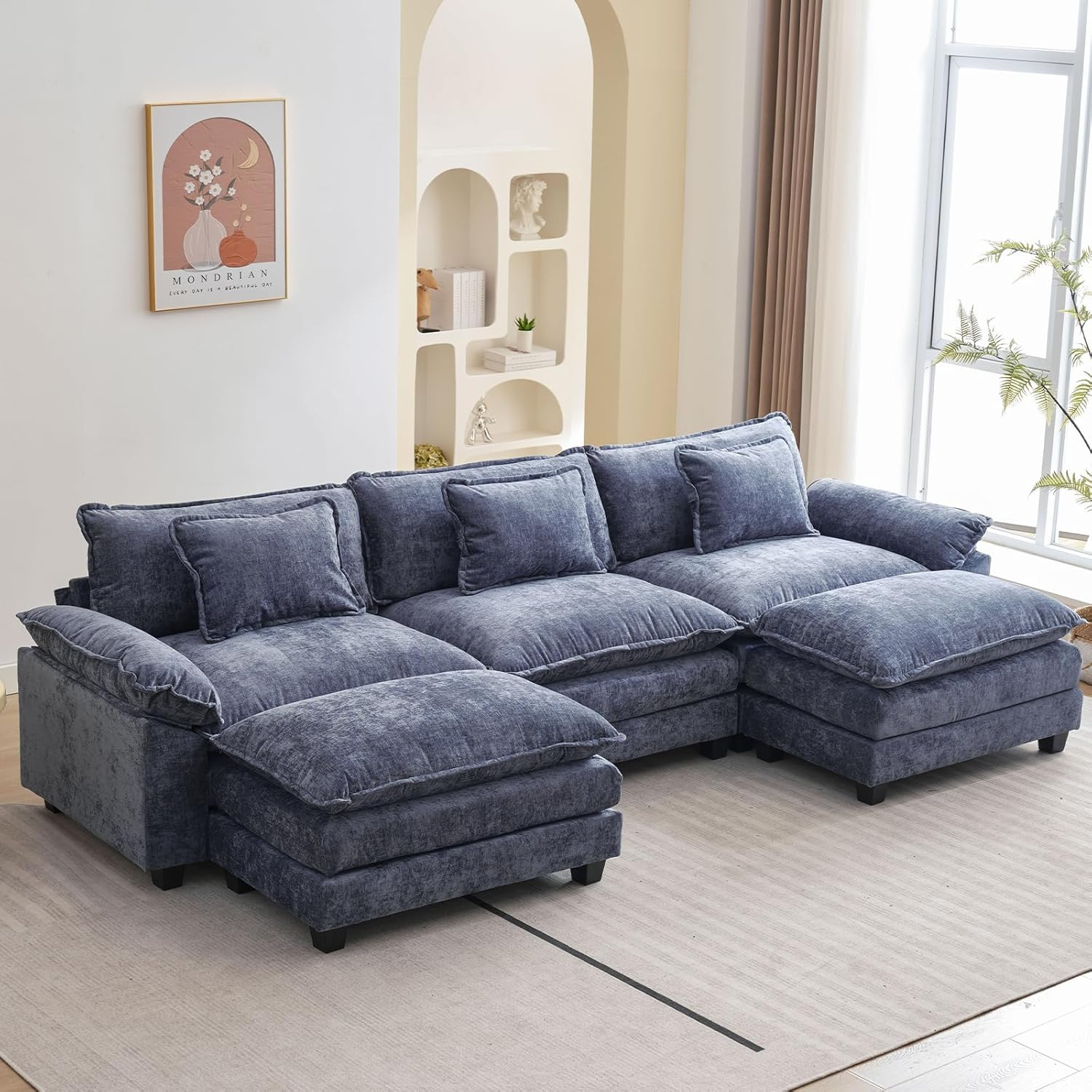 L Shape Sofa Comfy Sectional Cloud Couch for Living Room with Pillows, Modern Chenille Sofa Sleeper Deep Couches with Ottoman (Black, 4-Seat)