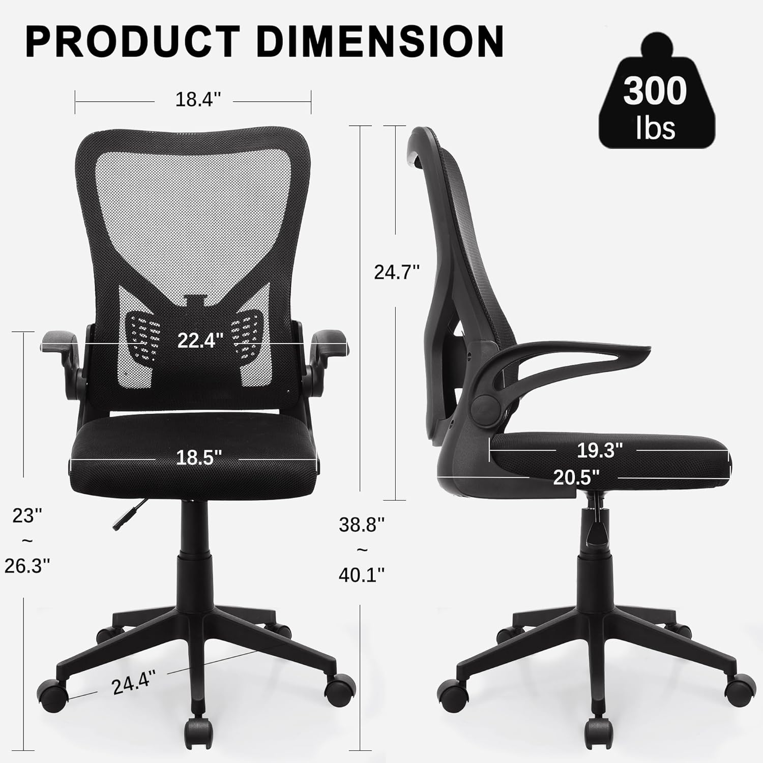 VECELO Mid-Back Mesh Ergonomic Office Chair with Flim-up Armrests, Breathable Lumbar Support, Swivel Wheels, Adjustable Height, for Study/Computer Task/Home Desk Work, Black