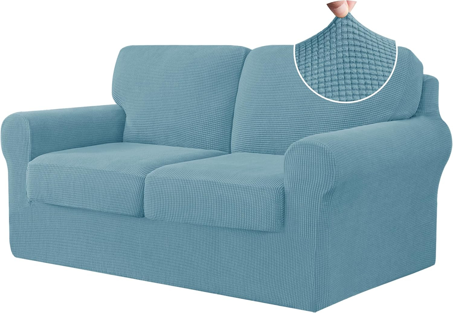 CHUN YI 5 Piece Stretch Loveseat Sofa Cover, 2 Seater Couch Slipcover with Two Separate Backrests and Cushions with Elastic Band, Checks Spandex Jacquard Fabric(Medium,Smoky Blue)