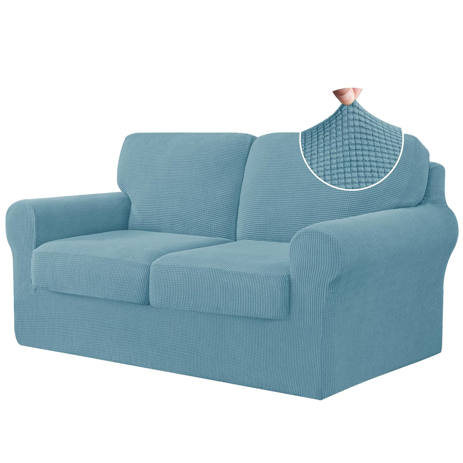 CHUN YI 5 Piece Stretch Loveseat Sofa Cover, 2 Seater Couch Slipcover with Two Separate Backrests and Cushions with Elastic Band, Checks Spandex Jacquard Fabric(Medium,Smoky Blue)