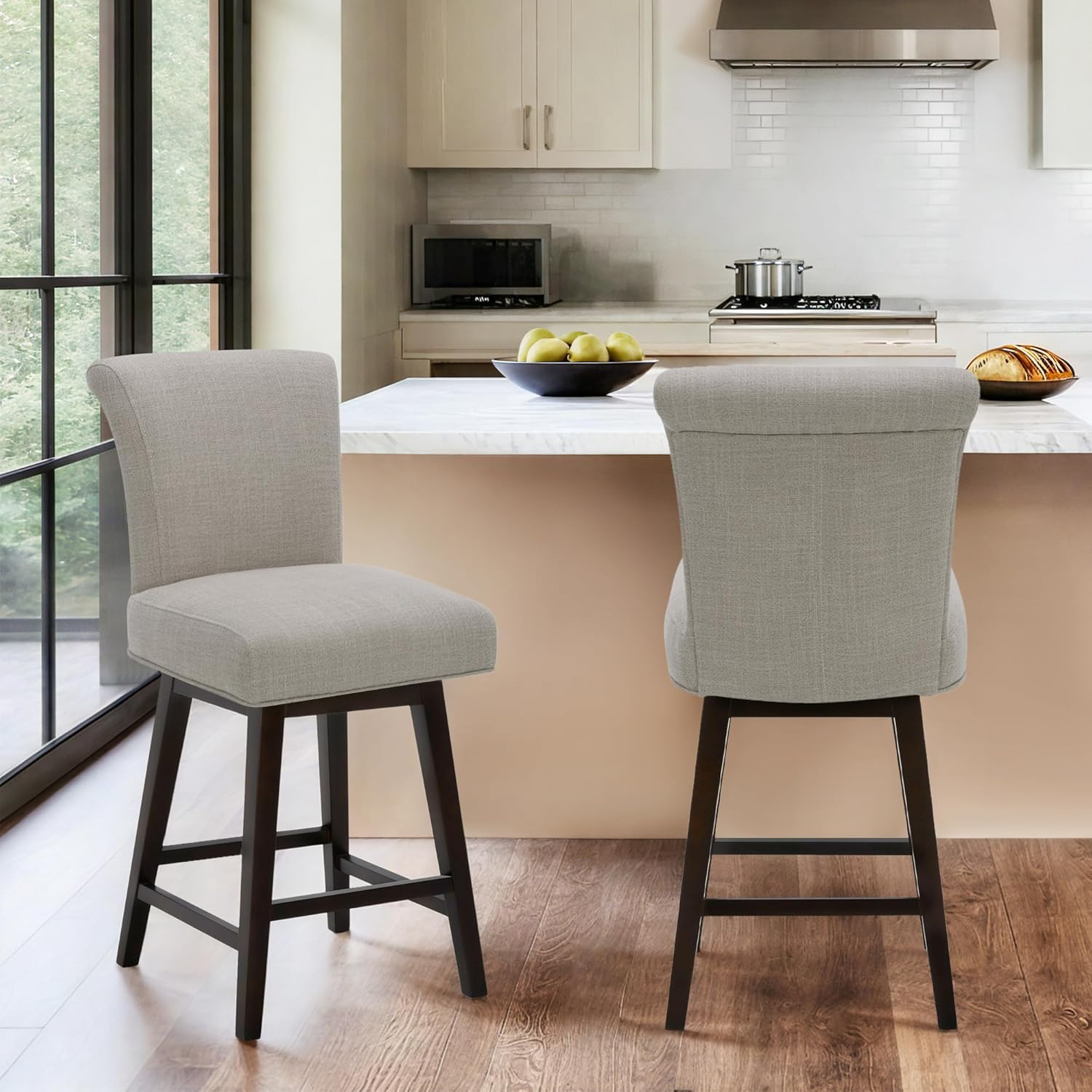 CHITA 26 in Upholstered Swivel Counter Bar Stools with Back&Wood Legs Set of 2, Fabric in Tan