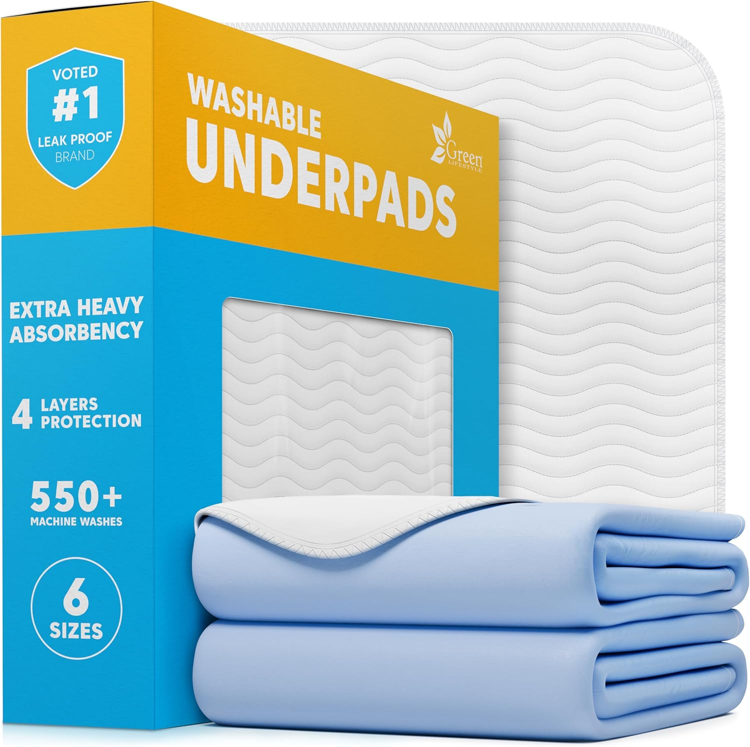 GREEN LIFESTYLE Washable Underpads 2 Pack - Large Bed Pads, 48" x 48", for use as Incontinence Bed Pads, Reusable Pet Pads, Great for Dogs, Cats, Bunny, Seniors Bed Pad (Pack of 2 - 48x48)