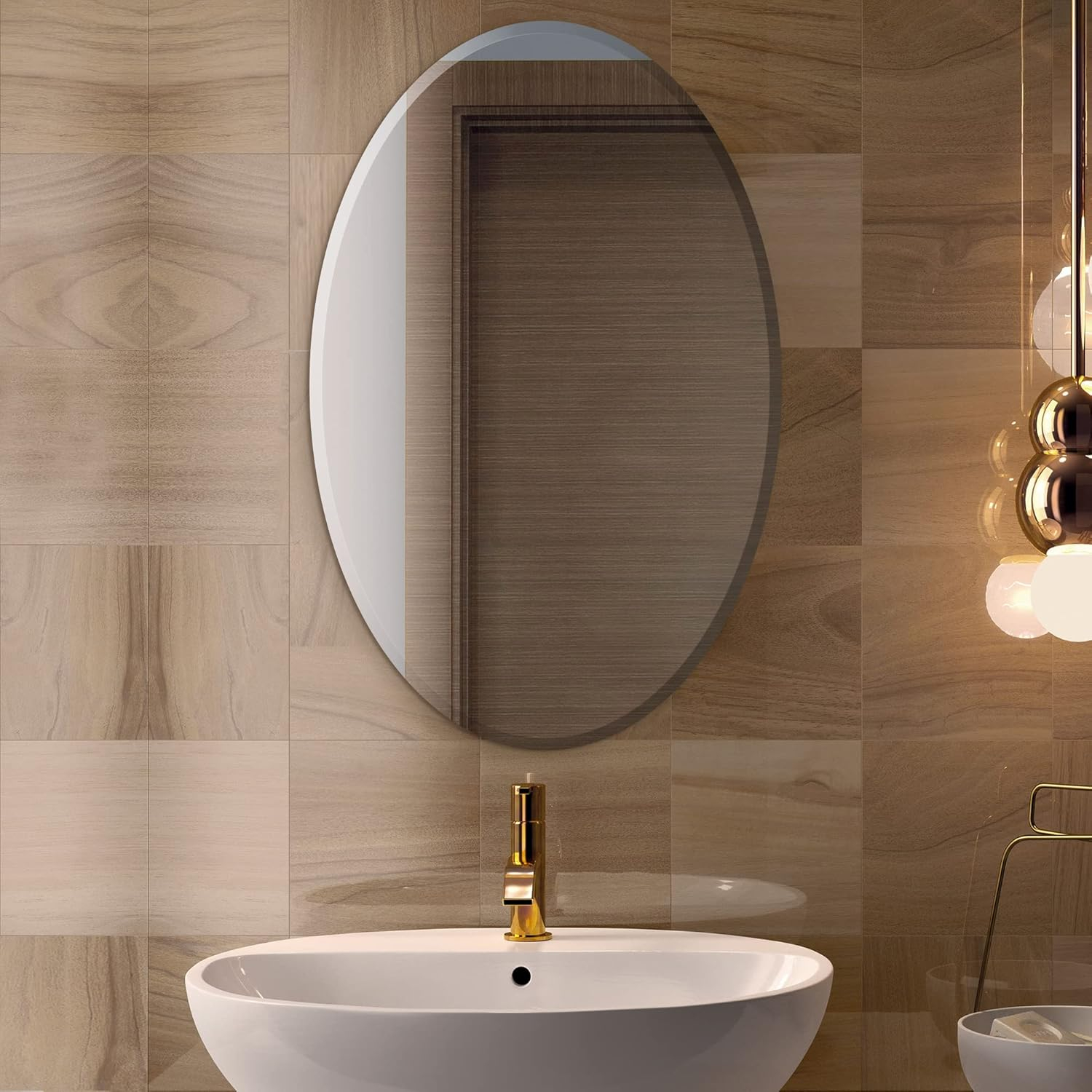 22" X 39" Inch Oval Beveled Polish Frameless Home Mirror With Hooks