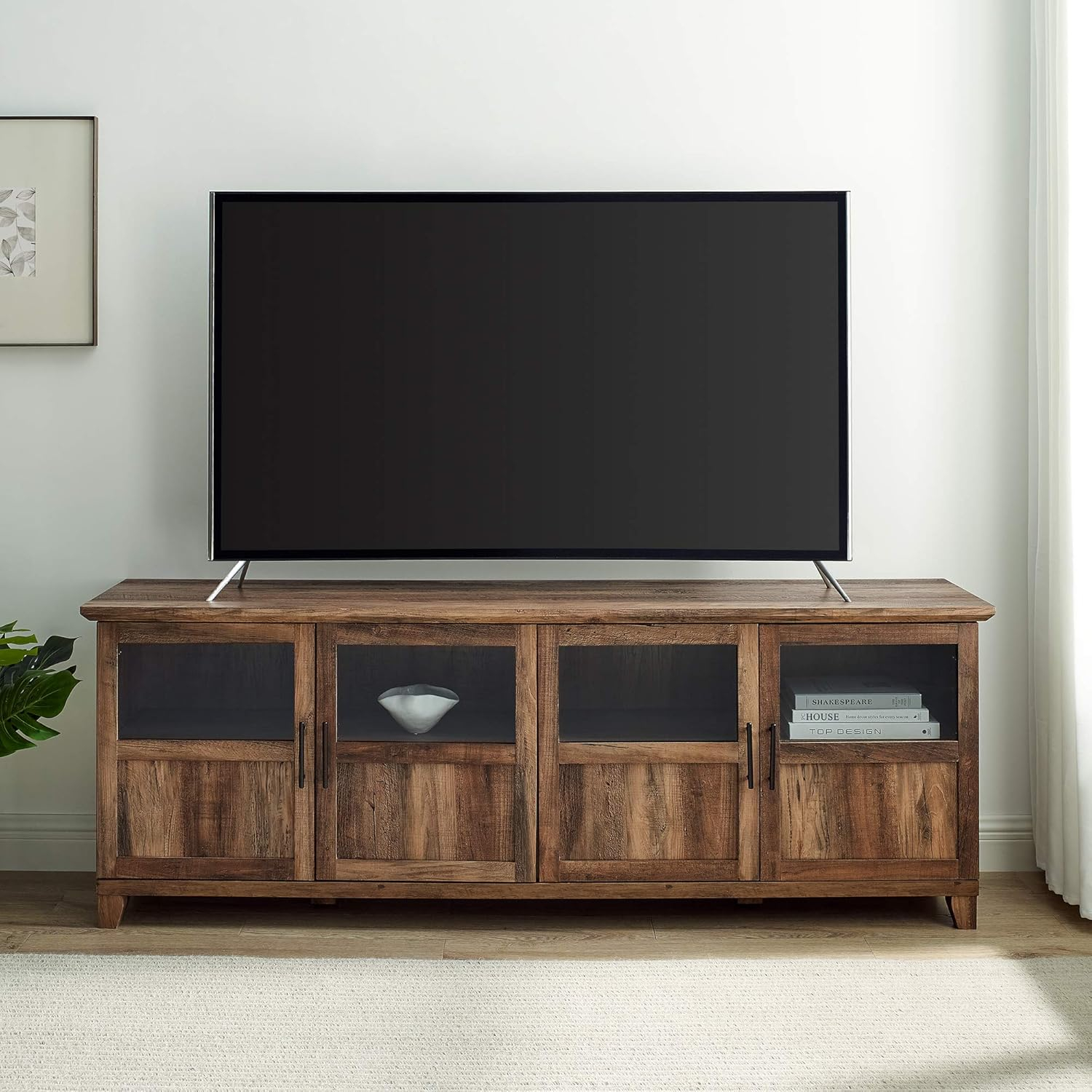 Dark Walnut 70-Inch TV Stand with Glass Doors and Cabinets
