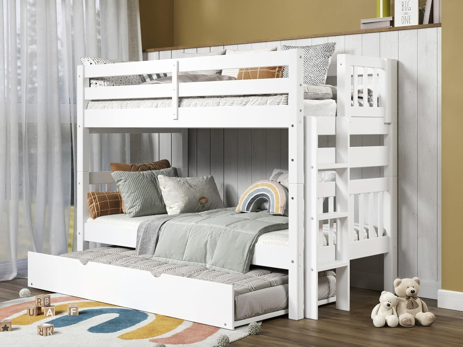 Bedz King Bunk Beds Twin over Twin Mission Style with End Ladder and a Twin Trundle, White