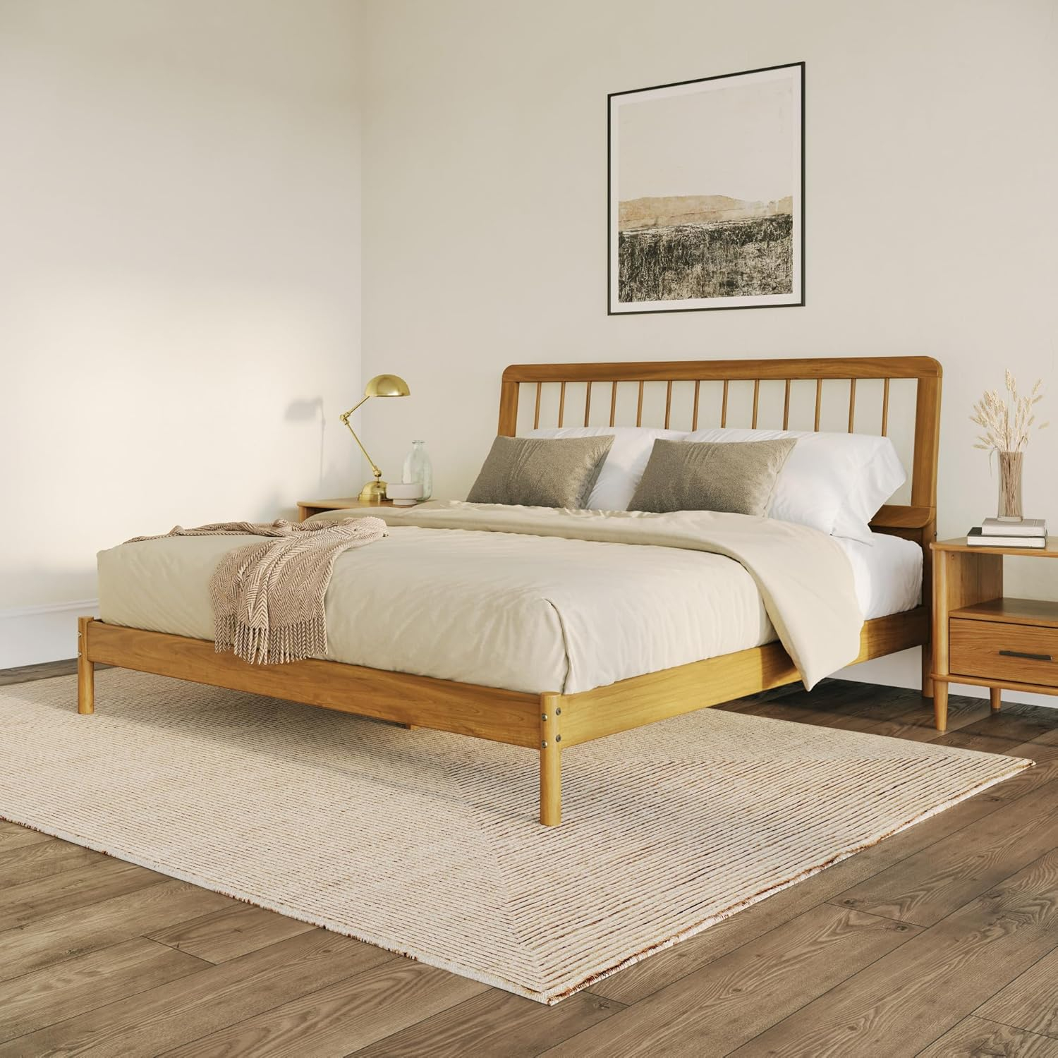 Walker Edison Mid-Century Modern Slatted Solid Wood King Bedframe, Caramel