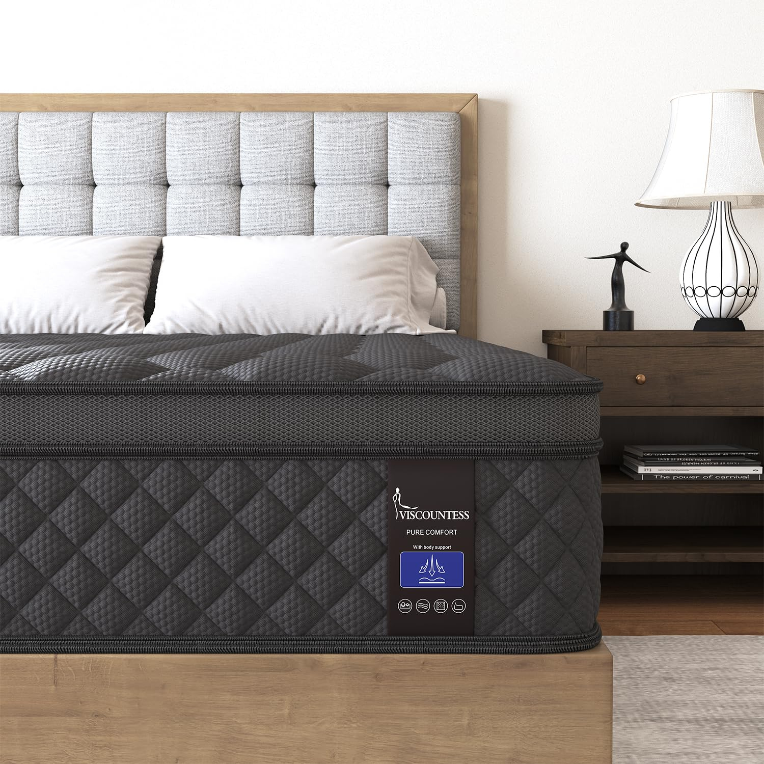 Queen Mattress, Hybrid Mattresses 10 Inch Euro Top Medium Firm for Back & Lumbar Support, 100 Night Trial, Individual Pocket Spring Bed for Motion Isolation & Pressure Relief Black