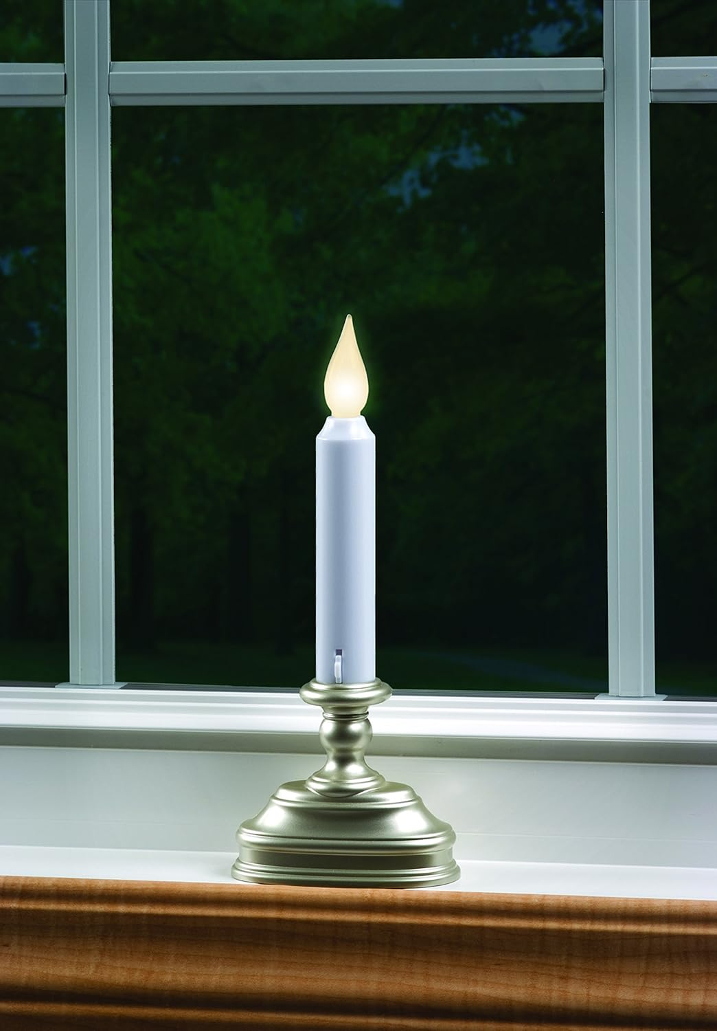 Battery Operated LED Flameless Window Candle Pewter/Silver Finish with Dusk to Dawn Sensor and White Flame