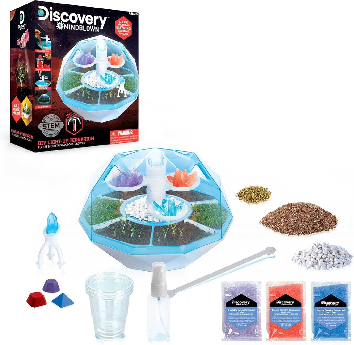 Discovery™ #Mindblown DIY Light-Up LED Terrarium - Plants & Crystals Geodome Grow Kit, 3 Colorful Crystal Formations, Rye Grass, Education STEM Activity Set, Indoor Science Experiment, Chemistry Gift
