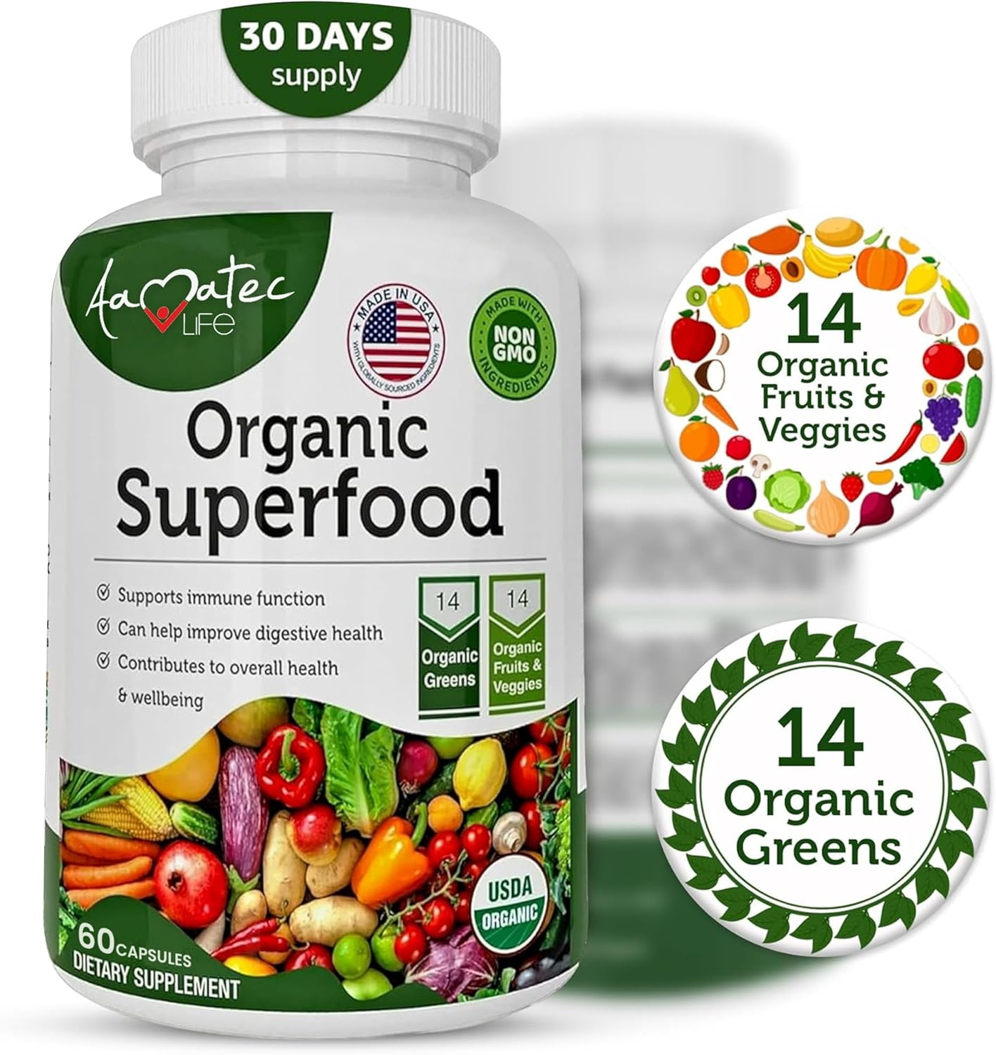 Organic Superfood Greens Fruits and Veggies Complex - Dietary Supplement with 14 Greens and 14 Fruits & Vegetables with Alfalfa Rich in Antioxidant Organic Ingredients Non-GMO 60 Capsules