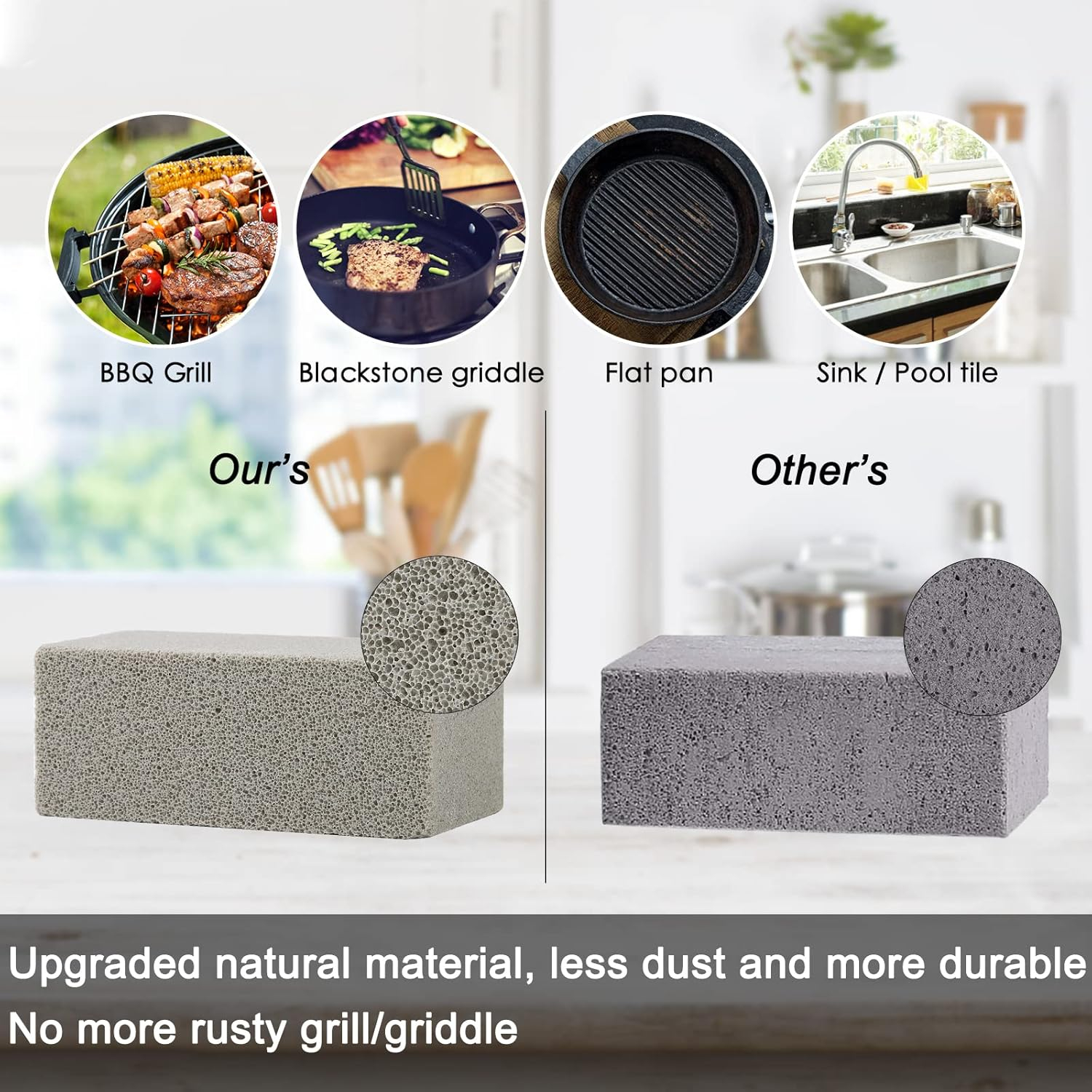 Blackstone Griddle Cleaning Brick Block Heavy Duty Grill Cleaning Stone Bricks Non Scratch Flat Top Seasoning Stone Griddle Scrubber Cleaner Remove Greases Stains Residue -3 Pack with Handle