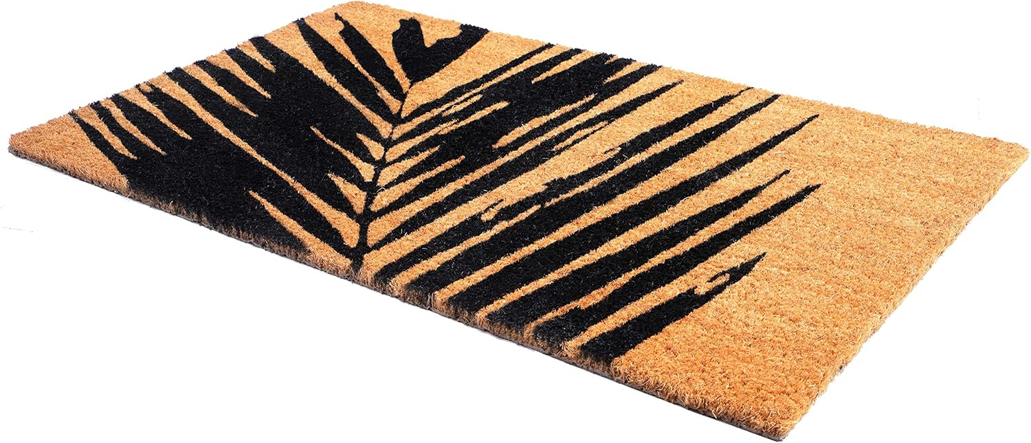 FH Home Non Slip Doormat - Durable, Thin - Natural Coir & Rubber - Entryway, Front Door, Porch, Patio - Summertime Palm Leaf Black/Natural (18" x 30" Non-Slip)