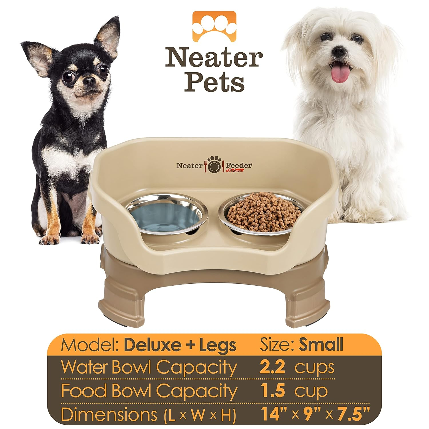 Neater Pets Neater Feeder Deluxe With Leg Extensions Mess-Proof Elevated Food & Water Bowls for Small Dogs, Cappuccino