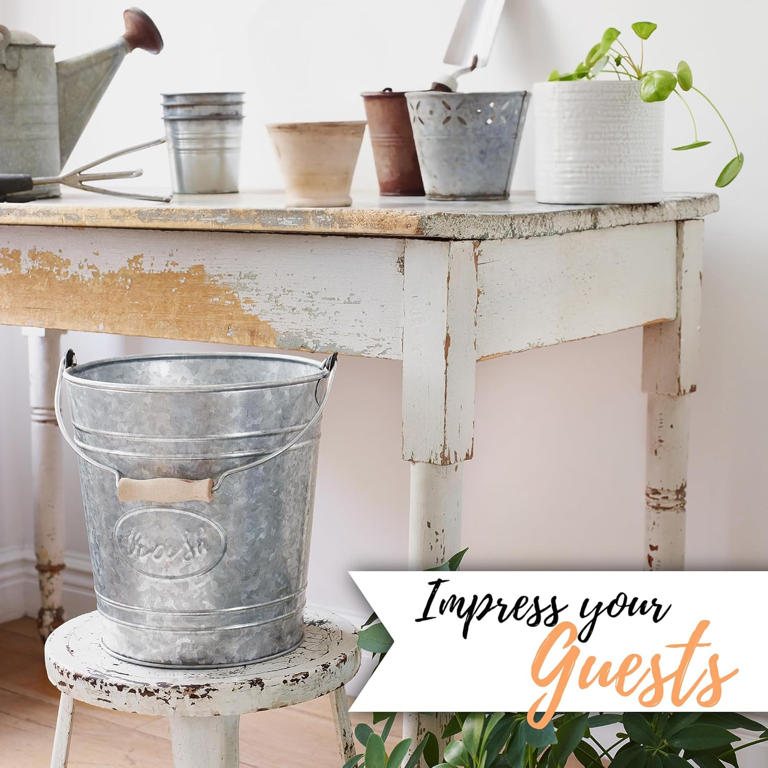 Galvanized Steel Rustic Bathroom Trash Can and Toilet Brush Set