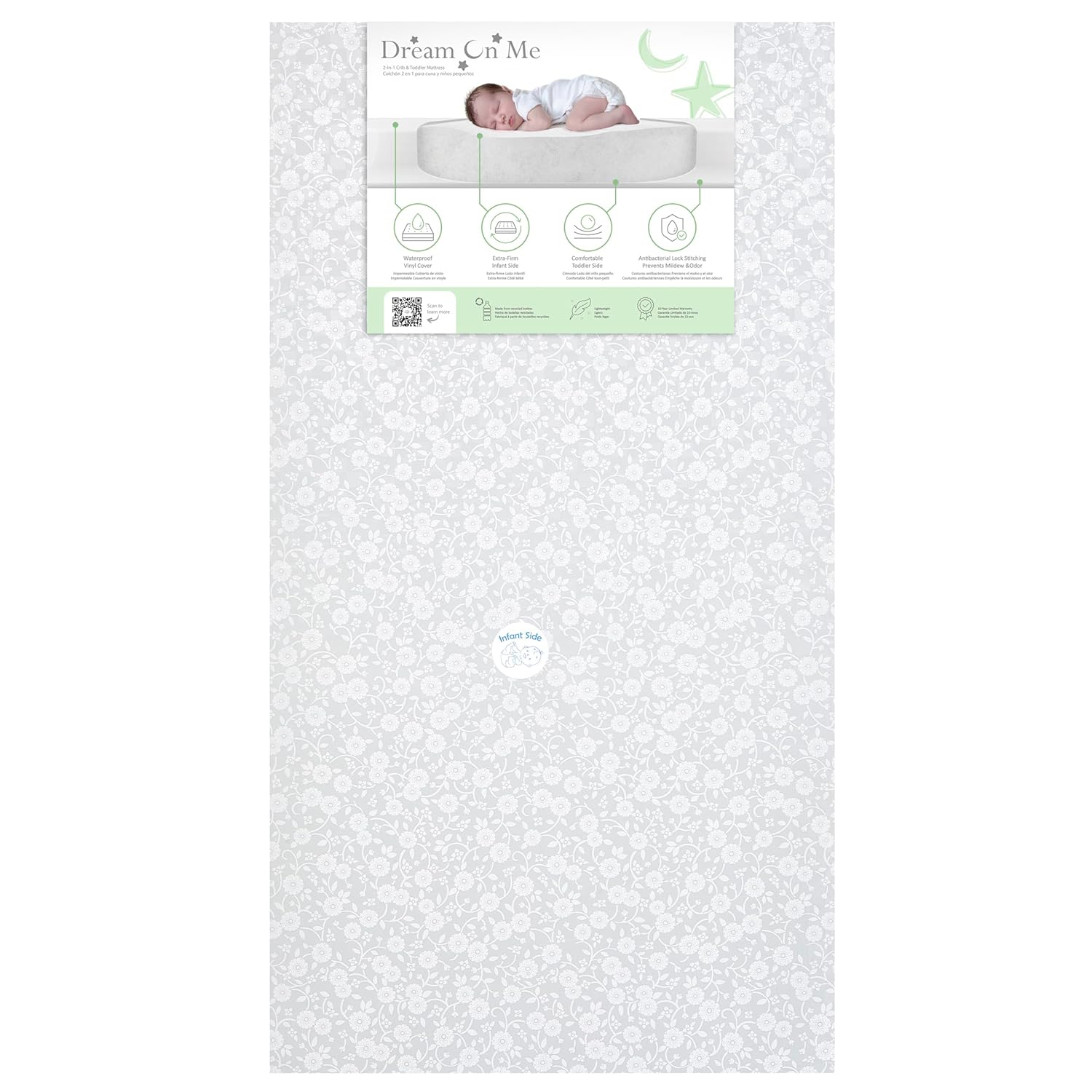 Dream on Me Orthopedic Firm Fiber Dual-Sided Crib & Toddler Mattress, Greenguard Gold Certified, 15 Years Warranty, Grey Embossed