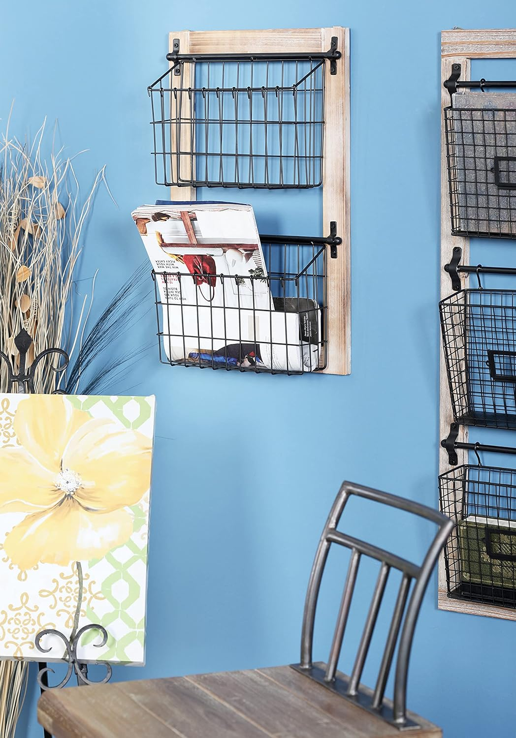 DecMode 25" Black Metal 2 Slot Suspended Wire Basket Magazine Rack Holder with Suspended Baskets and Label Slot