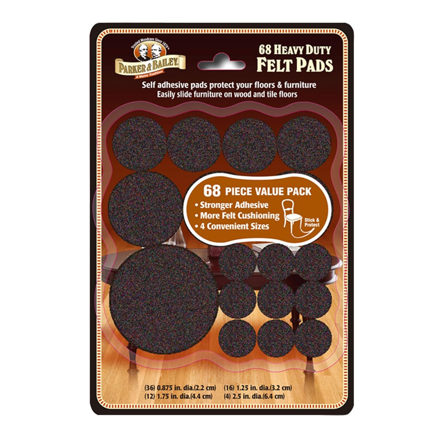 PARKER & BAILEY Felt Pads - 68 Heavy Duty Felt Sliders/Bumpers to Protect Floors & Furniture. Easily Slide Furniture on Hardwood Floors, Laminate Wood or Protect Furniture Feet, Assorted Sizes