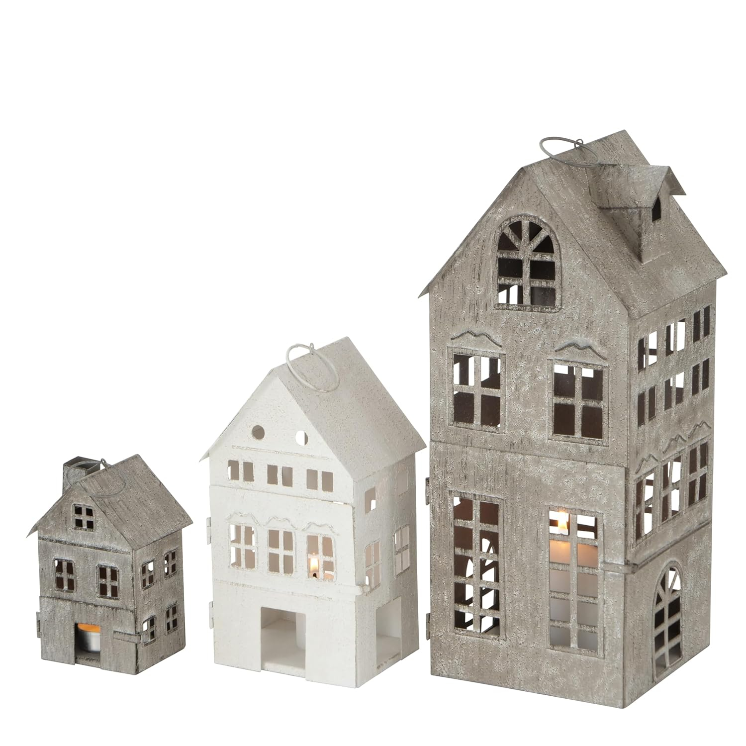 Americana Main Street Town House Candle Lanterns, Set of 3, Vintage Style, Weathered White and Rustic Gray, Metal, Hinged Doors, 14 1/2, 8 3/4 and 5 1/8 Inches Tall