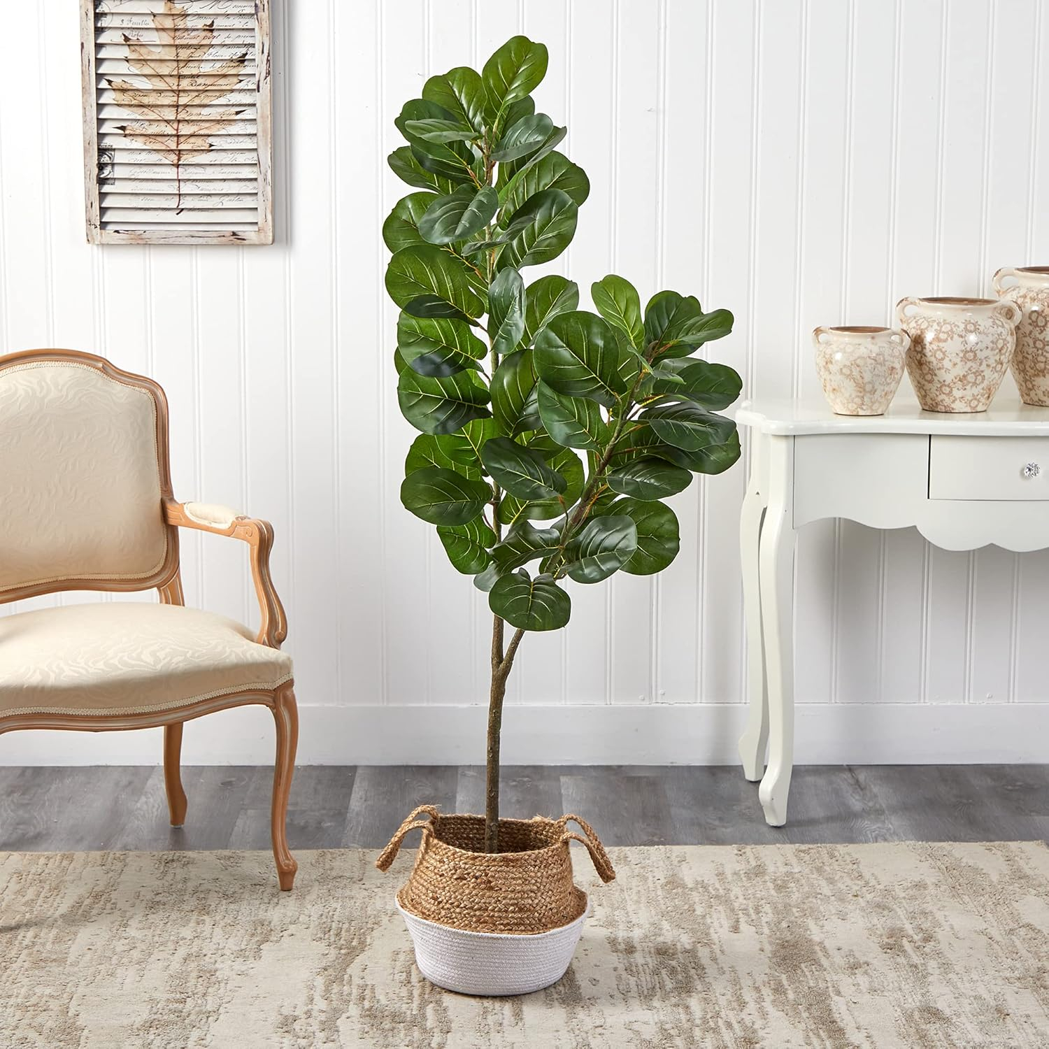 Nearly Natural 4.5ft. Fiddle Leaf Fig Artificial Tree with Boho Chic Handmade Cotton & Jute White Woven Planter