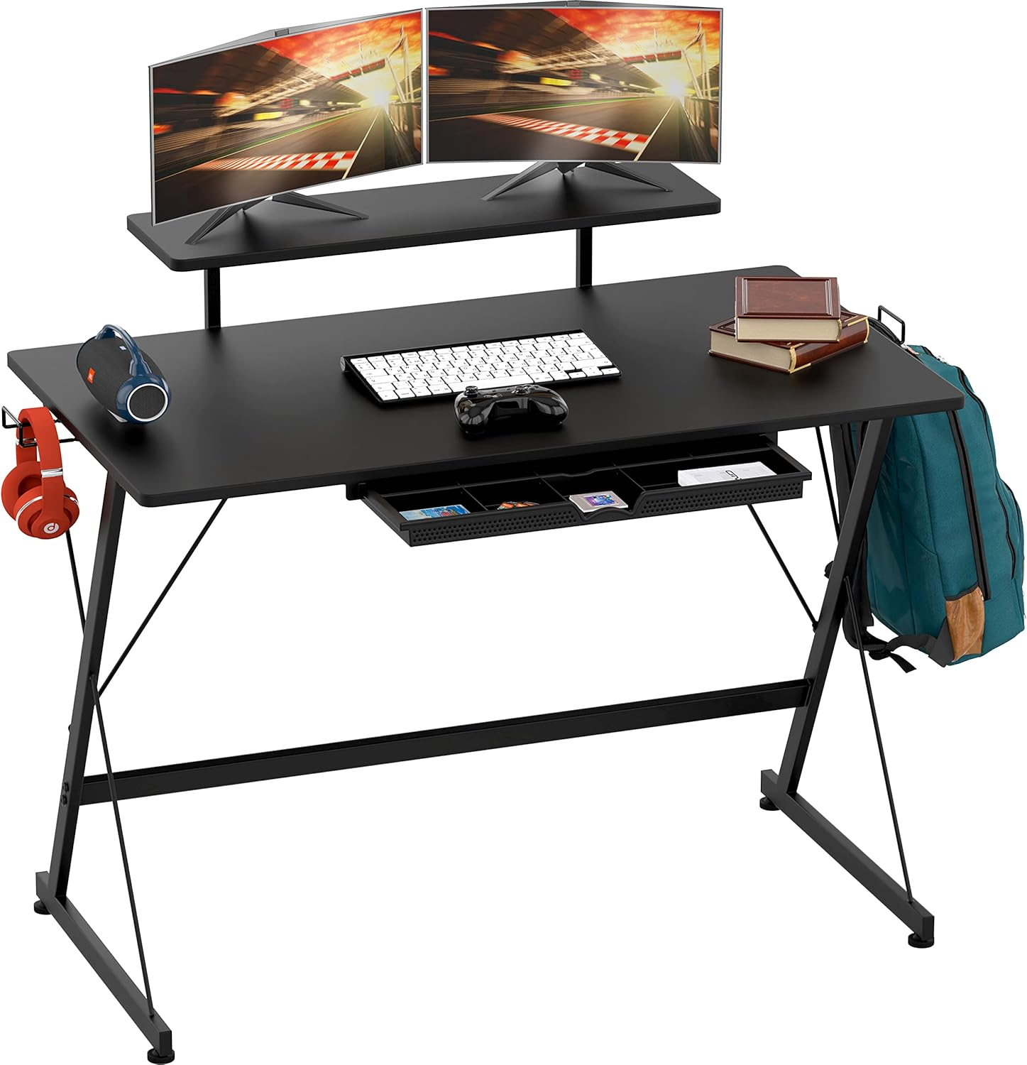 SHW 40-Inch Gaming Desk with Monitor Riser, Drawer and Hooks, Black