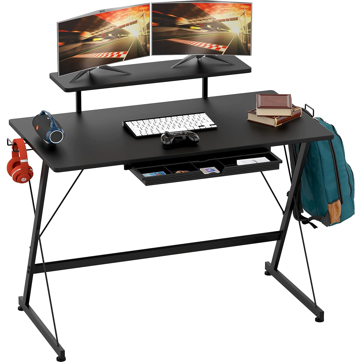 SHW 40-Inch Gaming Desk with Monitor Riser, Drawer and Hooks, Black