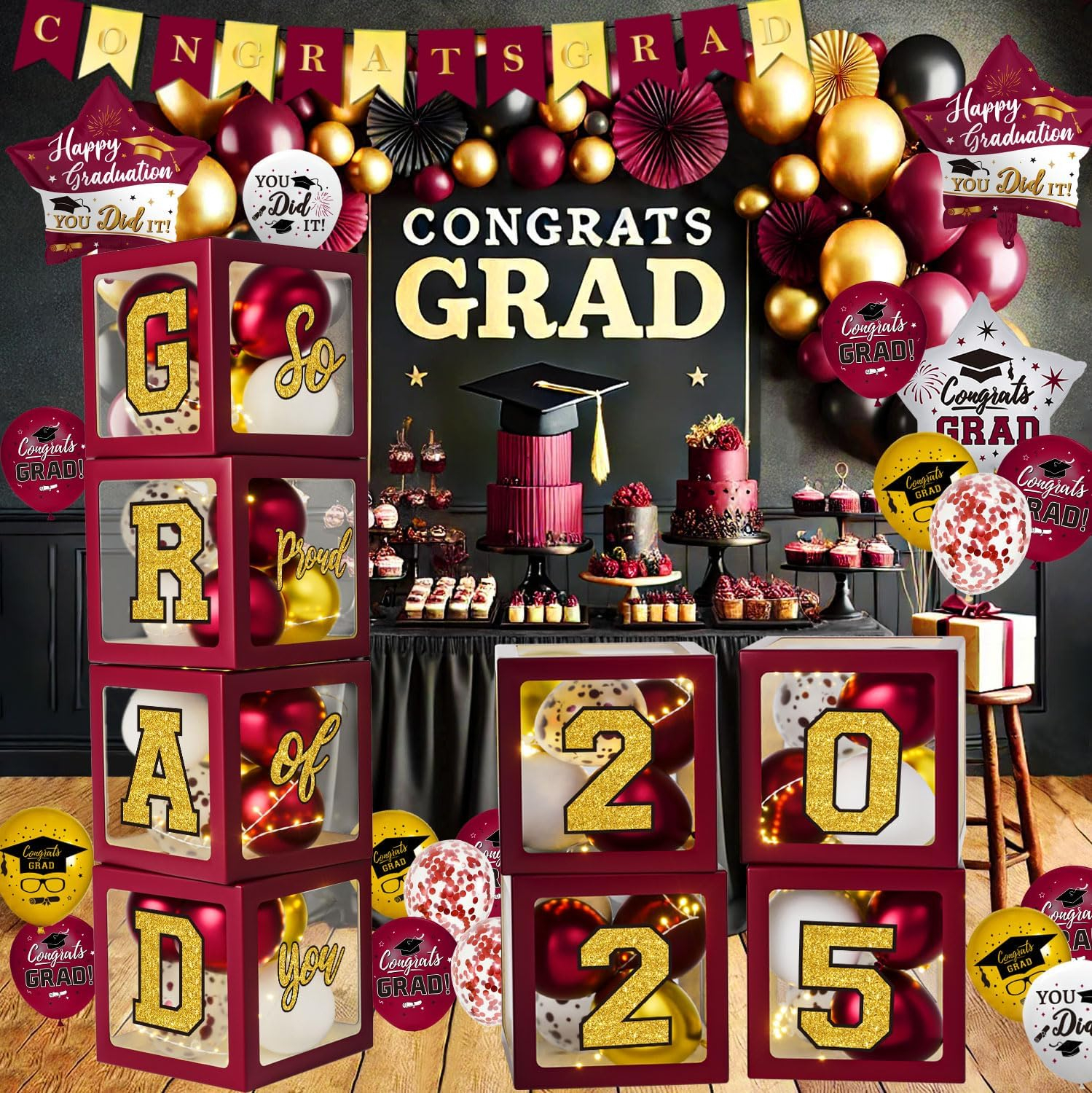 2025 Graduation Party Decoration, Red Gold Themed Set with Congrats Grad Banner, Balloons, Foil Number 2025 for Class of 2025 Graduation Party Supplies