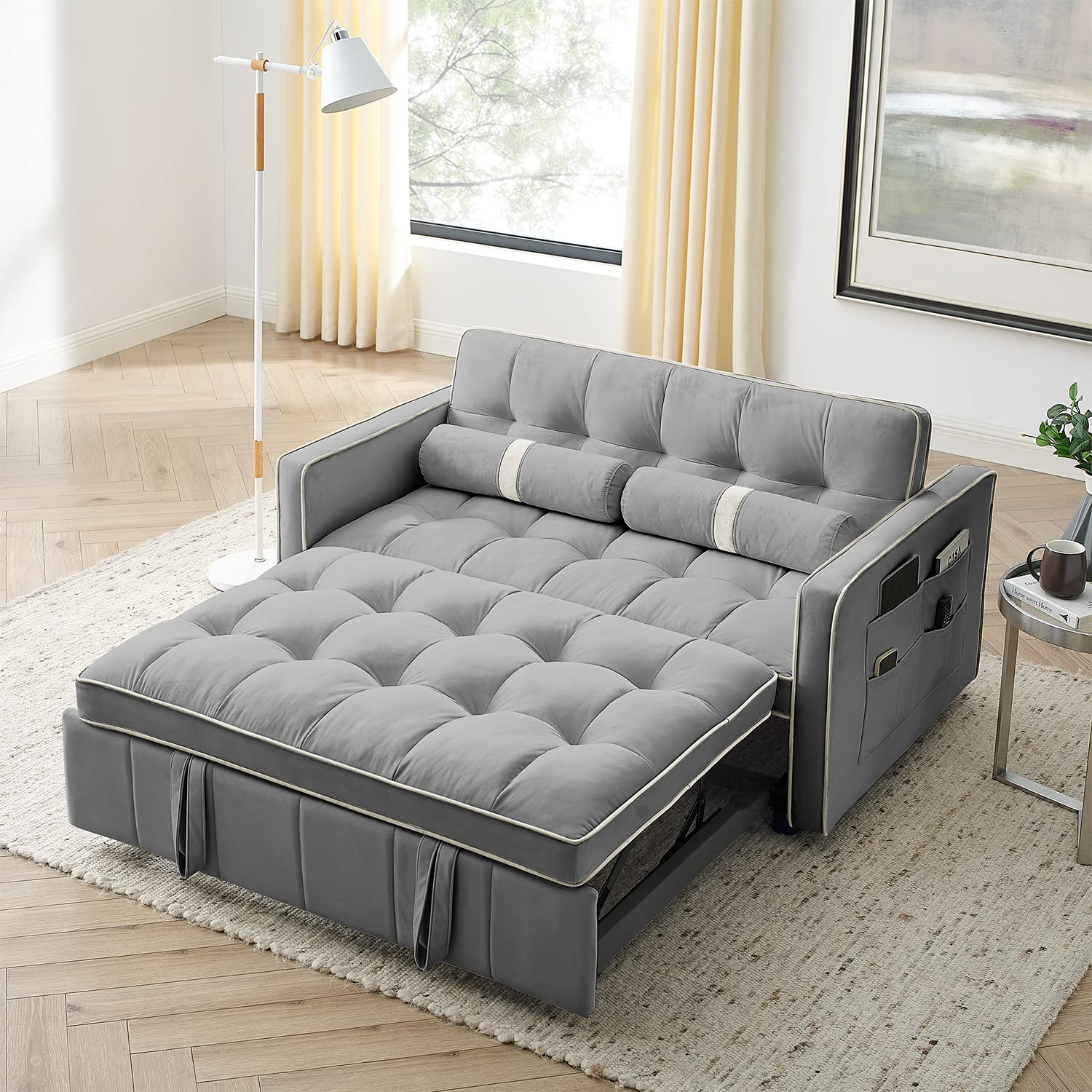 Yeahumalia 3 in 1 Convertible Velvet Loveseat Sleeper Futon Sofa Bed, Pull Out Couch with Side Table for Living Room, Bedroom, Grey