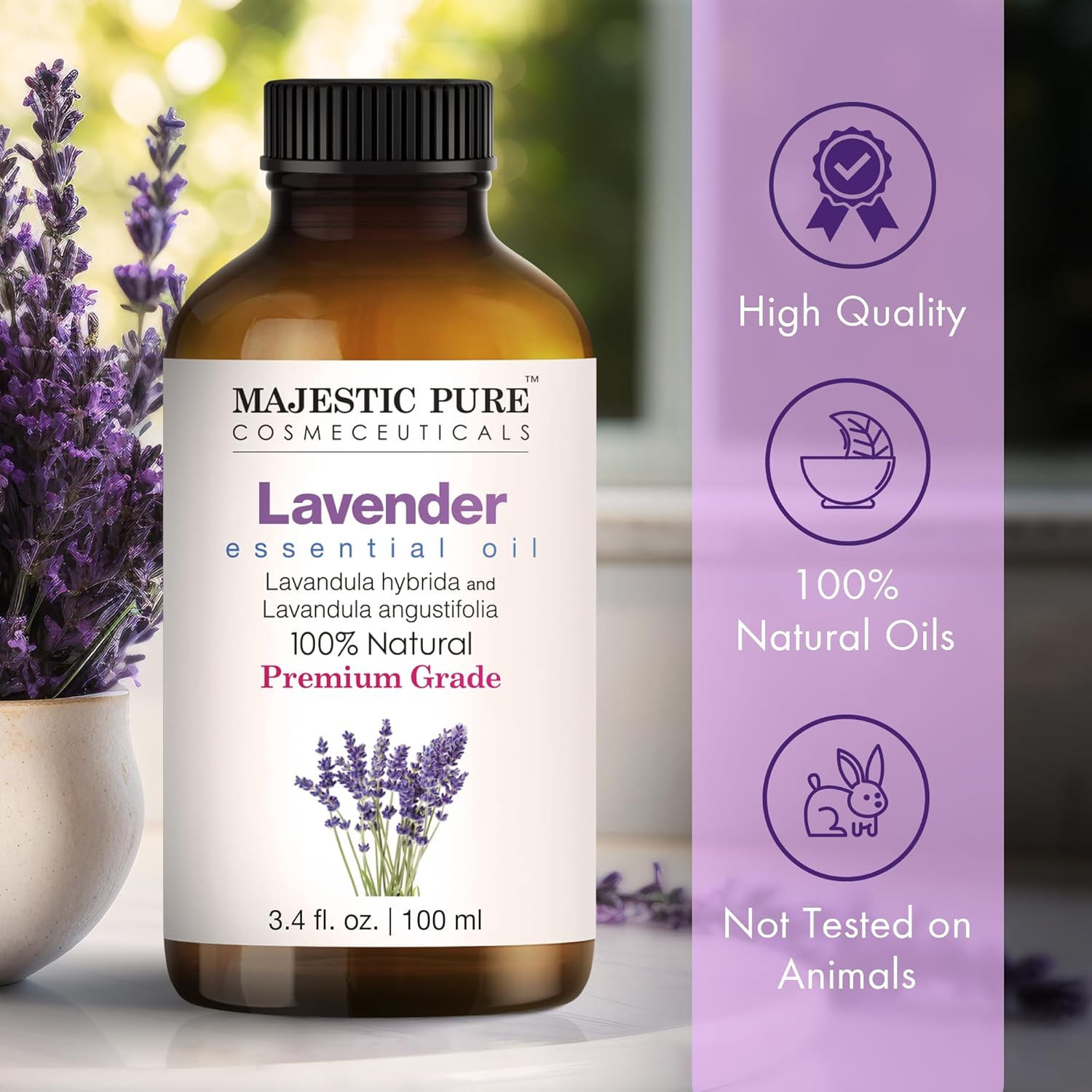 MAJESTIC PURE Lavender Essential Oil | 100% Pure and Natural Lavender Oil | Premium Grade Essential Oils for Hair Care, Home Diffusers, Skin, Aromatherapy, Massage and Humidifiers | 4 Fl Oz