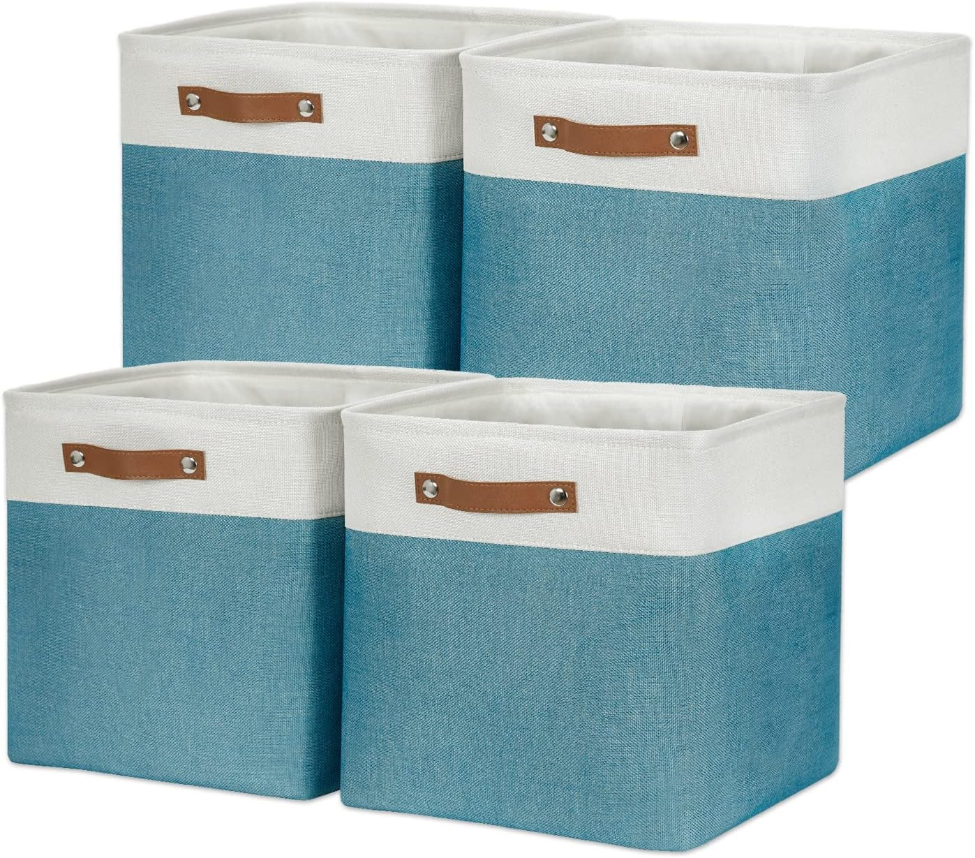 Tegance 13x13 Storage Cubes Baskets 4 Pack Fabric Cube Storage Bins Large Storage Baskets with Leather Handles,Decorative Storage Boxes for Organizing Shelves(WhiteGreen)