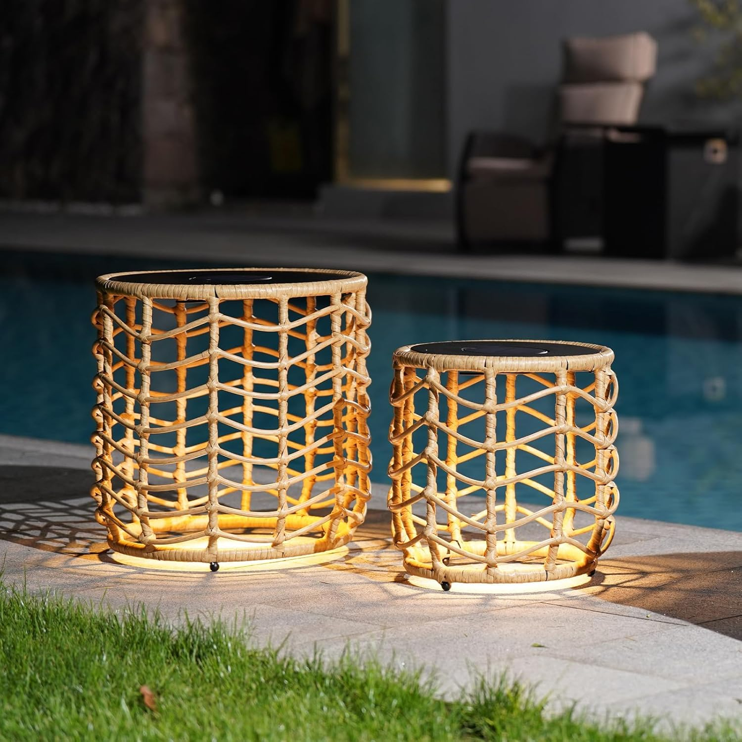 Solar Yard Boho Solar Nesting Tables with Built-in Lights - Set of 2, Weather-Resistant Wicker for Patio, Porch, Garden, Perfect Side Table for Outdoor Living, Natural & Stylish Design