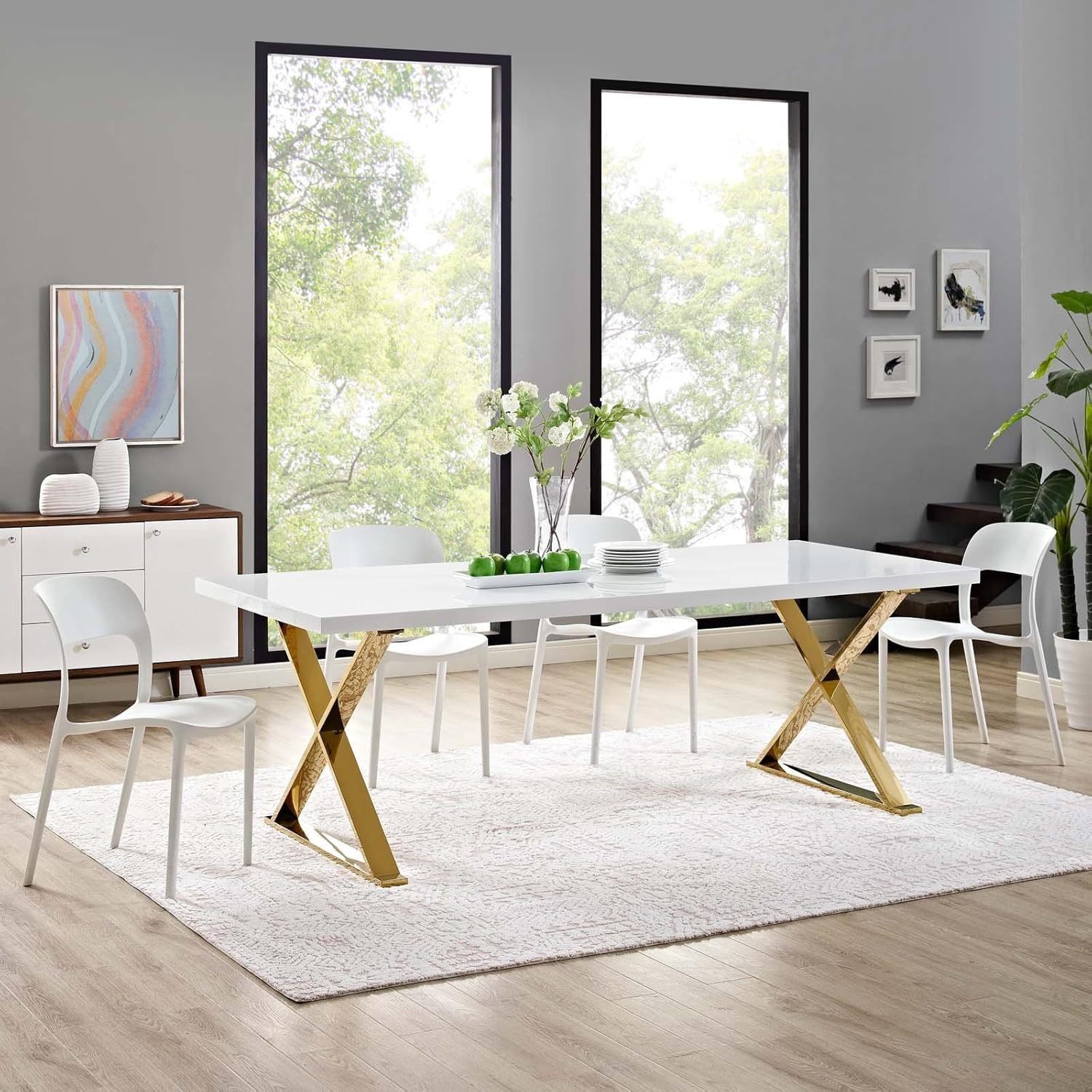Modway Sector 87" Wood & Stainless Steel Cross Base Dining Table in White/Gold