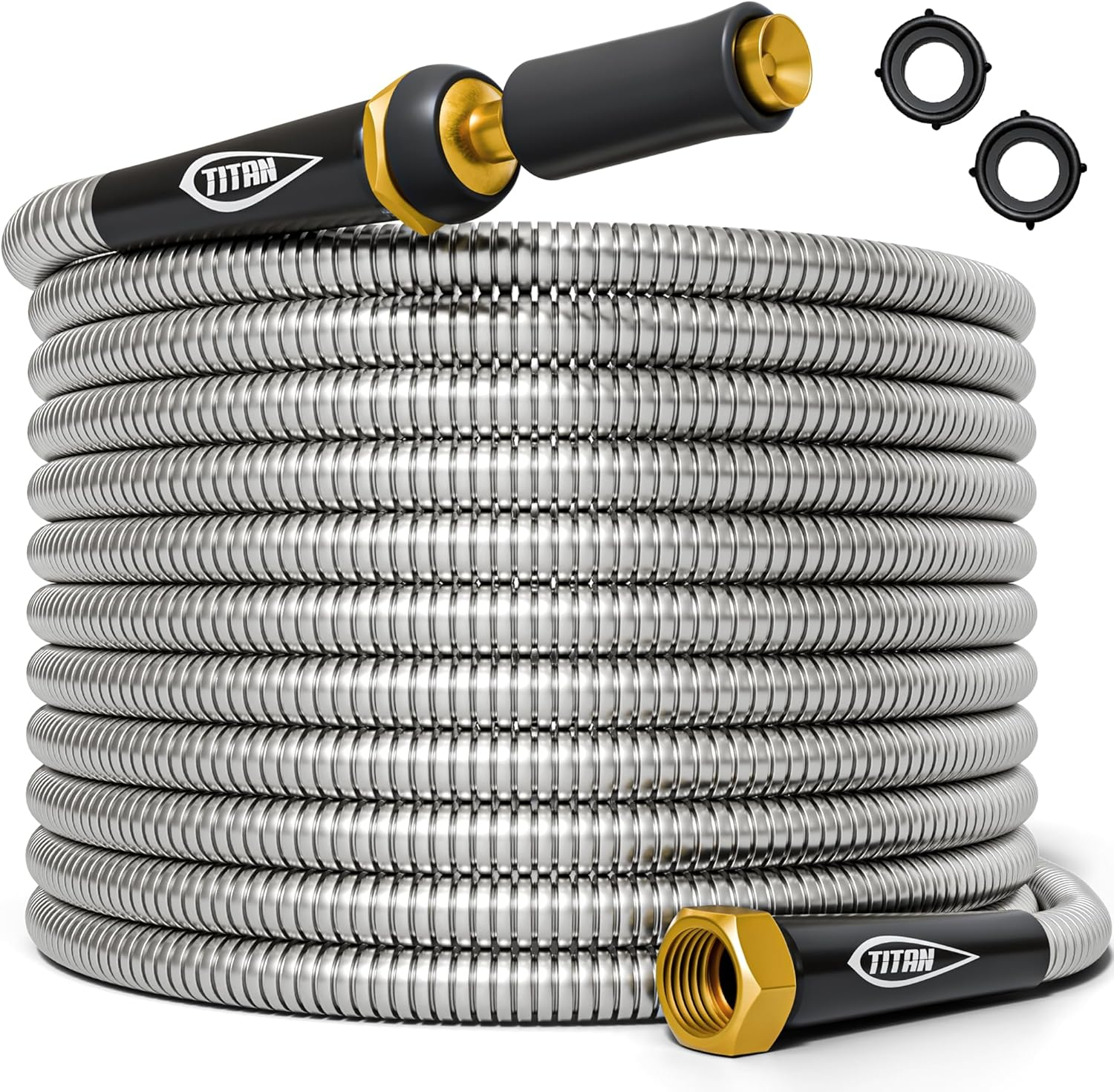 TITAN Garden Hose 100FT - 304 Stainless Steel Metal Water Hose, Flexible, Kink-Free, Lightweight, Durable, Crush Resistant Fittings, Easy to Coil, 500 PSI