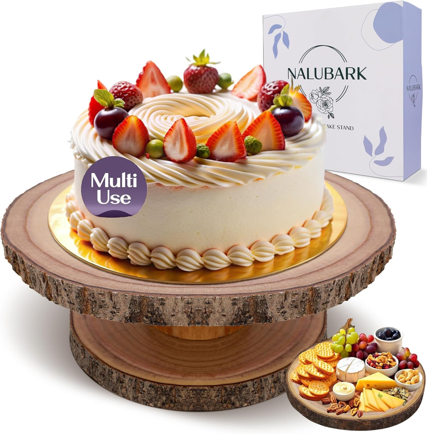 Wooden Cake Stand Rustic, 10-11 inch Multifunctional 2-in-1 Wedding Rustic Cake Stand, Wood Display Tray for Appetizers, Desserts, Charcuterie Board, Farmhouse Tree Stump Style, Sturdy, Easy to Clean