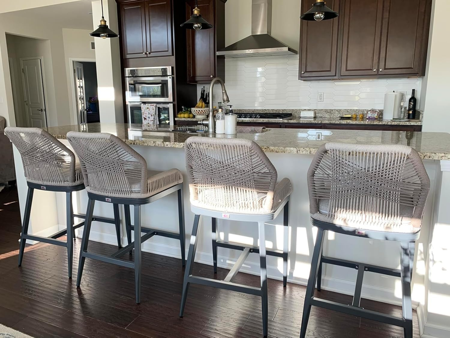 PURPLE LEAF Counter Height Bar Stools Set of 4 Rattan Wicker Outdoor Metal Boho Barstools with Back and Footrest Patio Garden Balcony Pool Bar Chairs