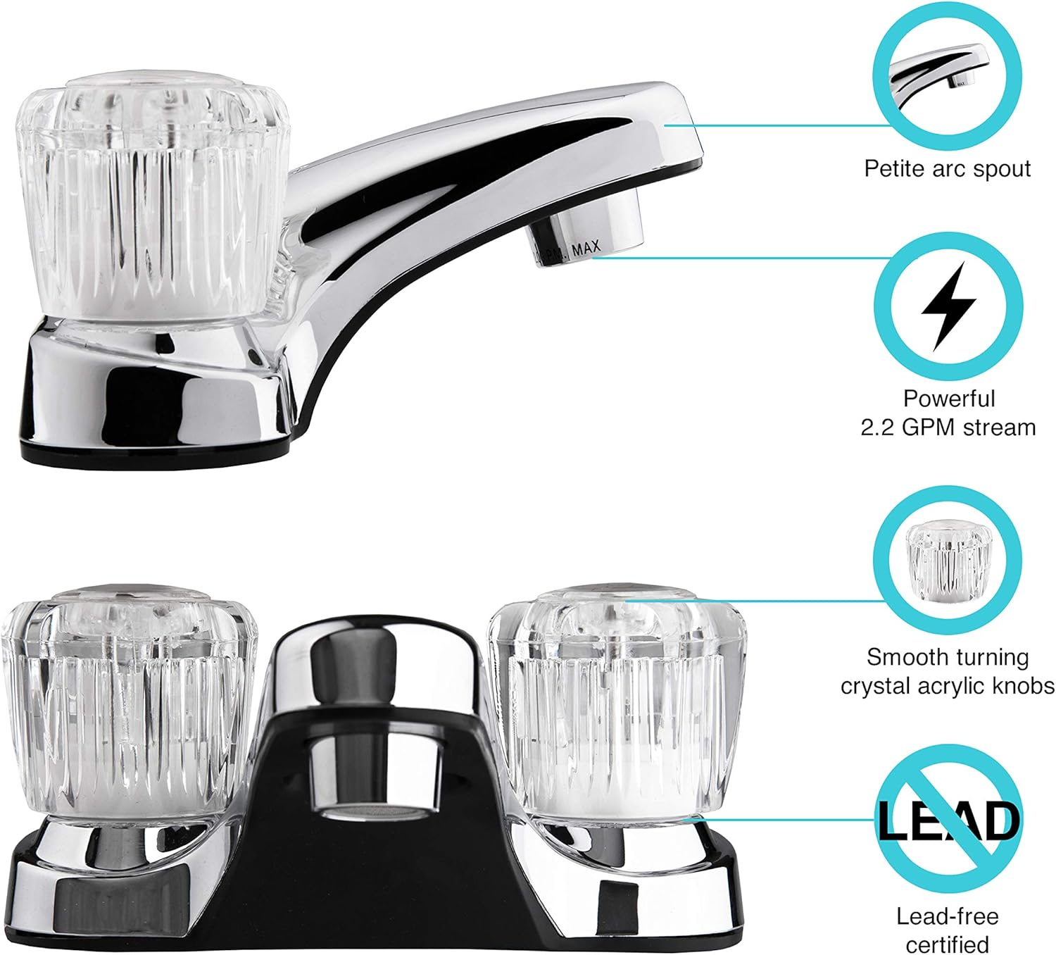 Dura Faucet Lavatory Faucet with Crystal Acrylic Knobs for RV Bathroom - Chrome Polished