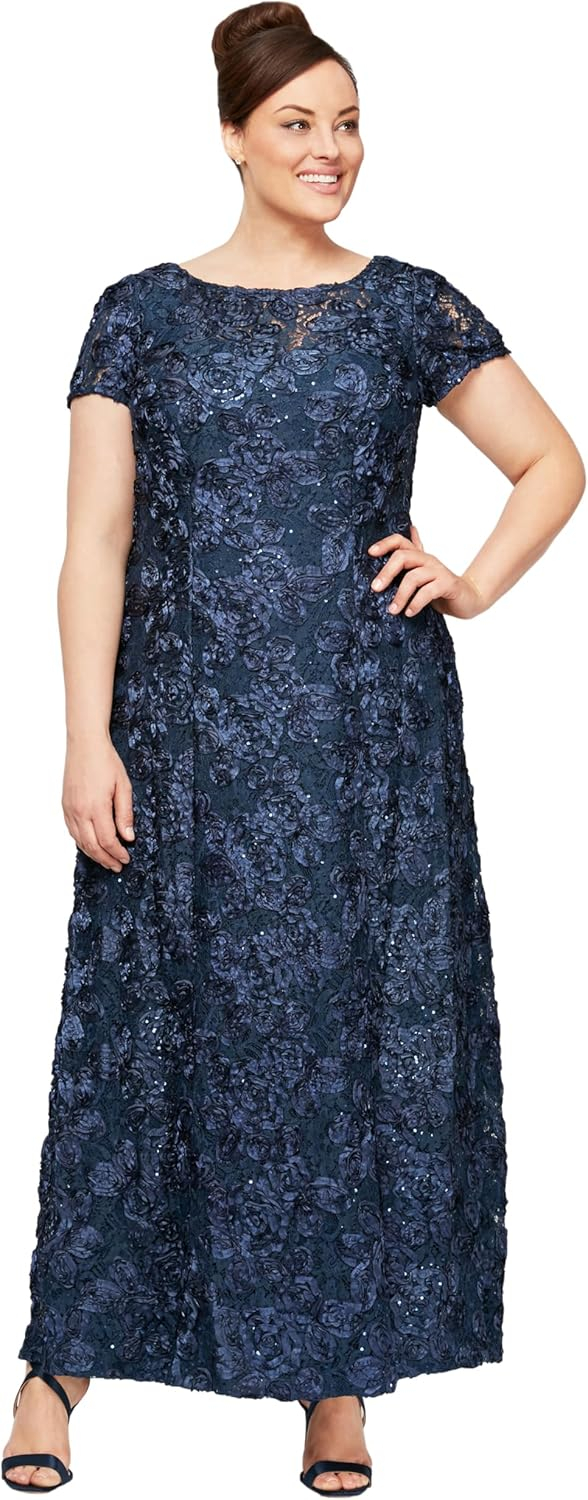 Navy Floral Lace Sequin Maxi Dress with Short Sleeves