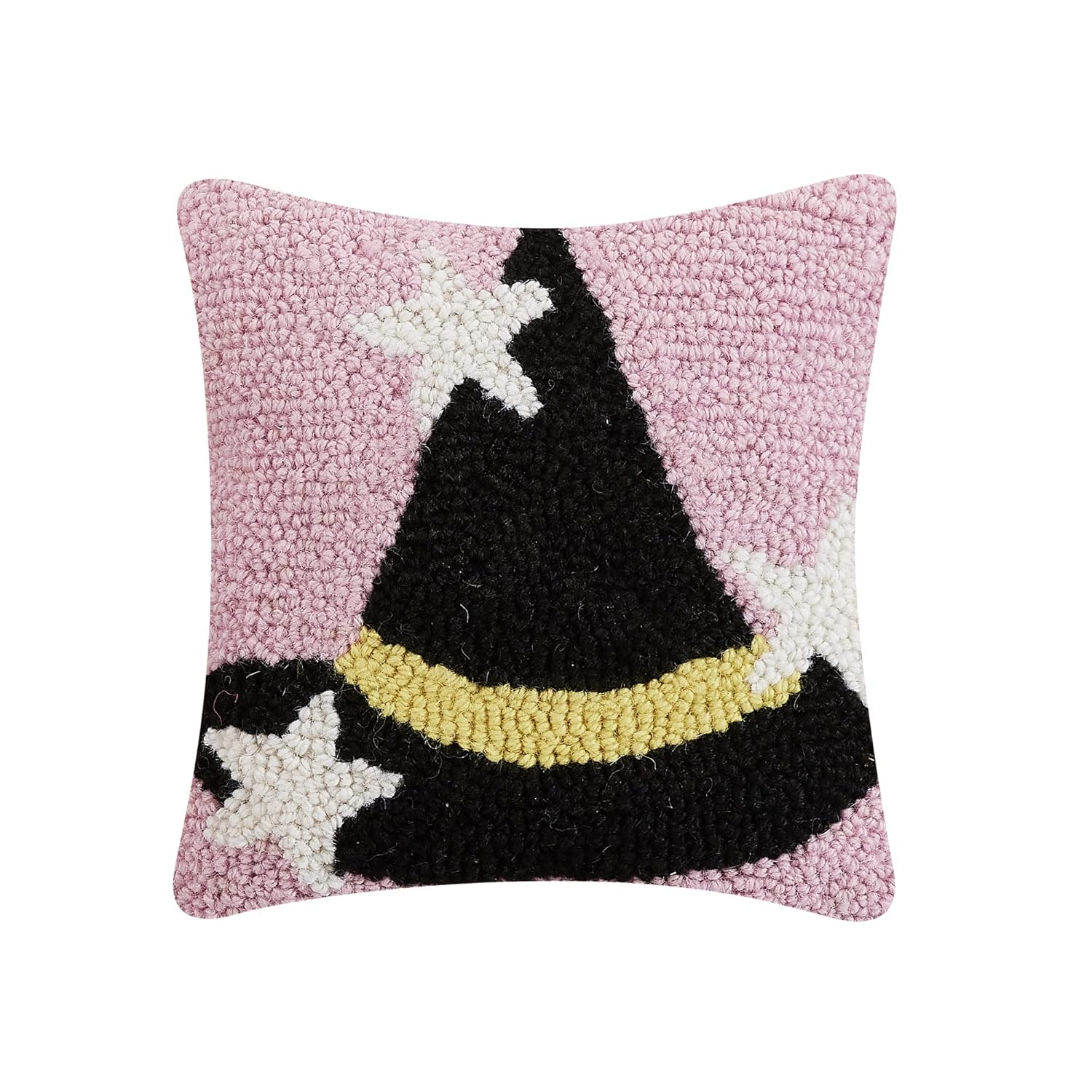 Peking Handicraft Witch Hat with Stars Halloween Polyfill Hook Throw Pillow, 10-inch Square, Wool and Poly Velvet, Holiday Seasonal Decoration