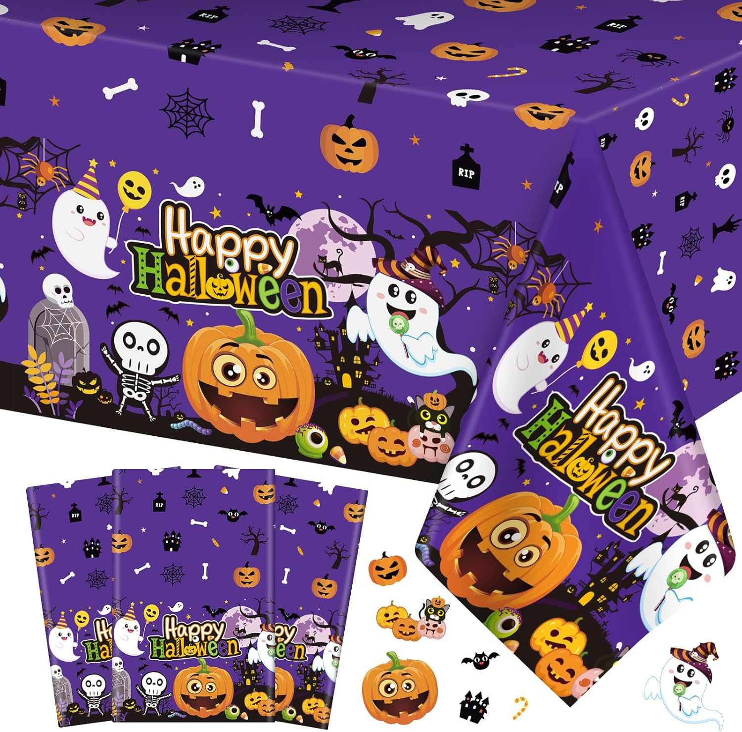 Juvale 3-Pack Halloween Table Cover for Party Supplies, Purple Disposable Plastic Tablecloth Decorations, Halloween Table Decorations for Themed Parties, Birthday Celebrations and More (54 x 108 In)